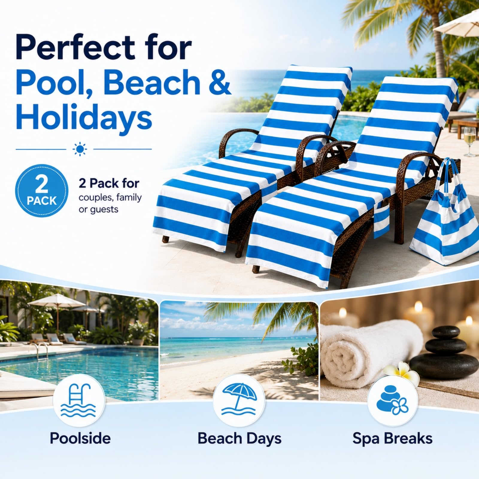 2er Pack Strandtuch mit Seitentaschen (Sternblüten,210x74cm) | Liegetuch mit Kapuze Anti-Rutsch Schnelltrocknend Mikrofaser Handtuch für Sonnenliege Gartenliege & Pool