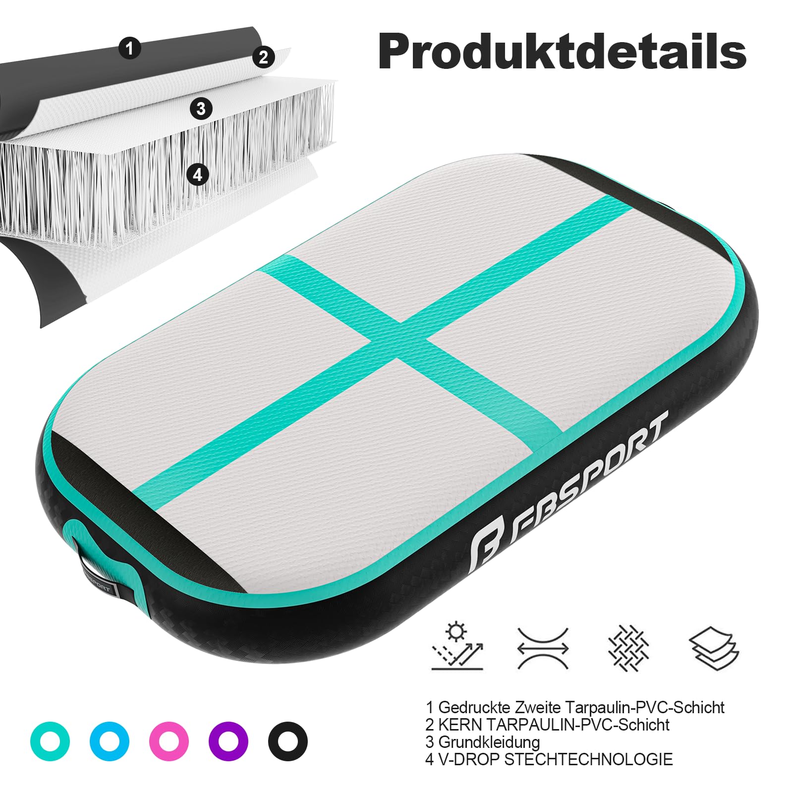 FBSPORT Airtrack - Tappetino da ginnastica con pompa ad aria, spessore 20 cm, spessore 60 cm, con borsa per il trasporto, per casa, esterni, yoga, esercizi