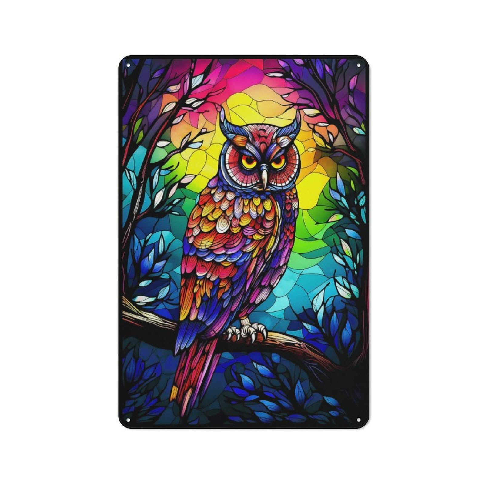 Junmoney Colorful Owl Stained Glass Metal Wall Sign 30X20cm Featuring For Bar Or Restaurant, For Restaurant Interior Fans