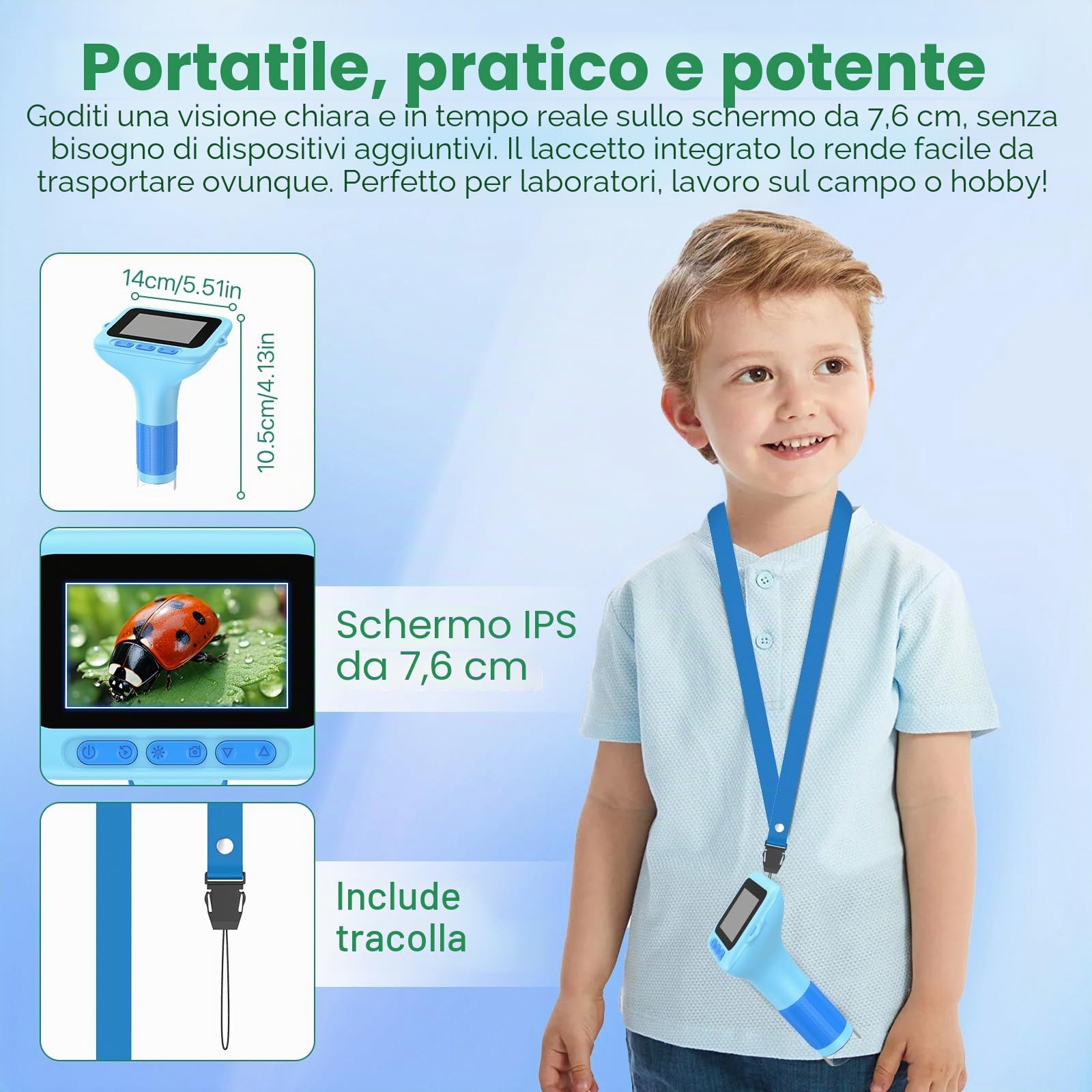 Microscopio portatile digitale per bambini: schermo HD 3 pollici 32GB 1000X magnifica fotocamera registrazione video kit educativo