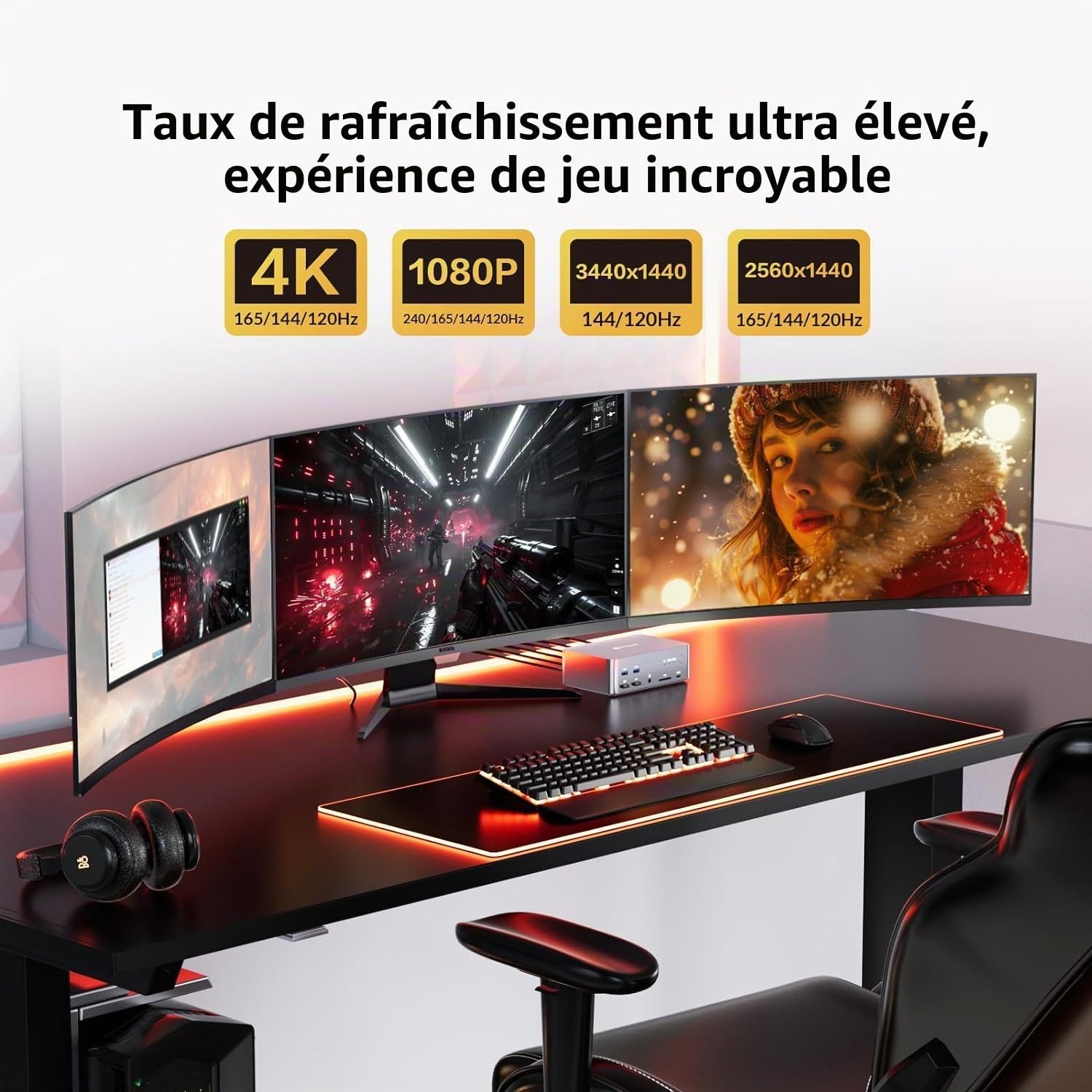 AV Access Commutateur KVM 3 Moniteurs 2 Ordinateurs 8K@60Hz, avec 6 câbles DP, DisplayPort 2.0, Ethernet 1G, USB 3.0, Station d'accueil 3 Moniteur, 4K@165/144Hz, 2K@144Hz (Desktop Only)