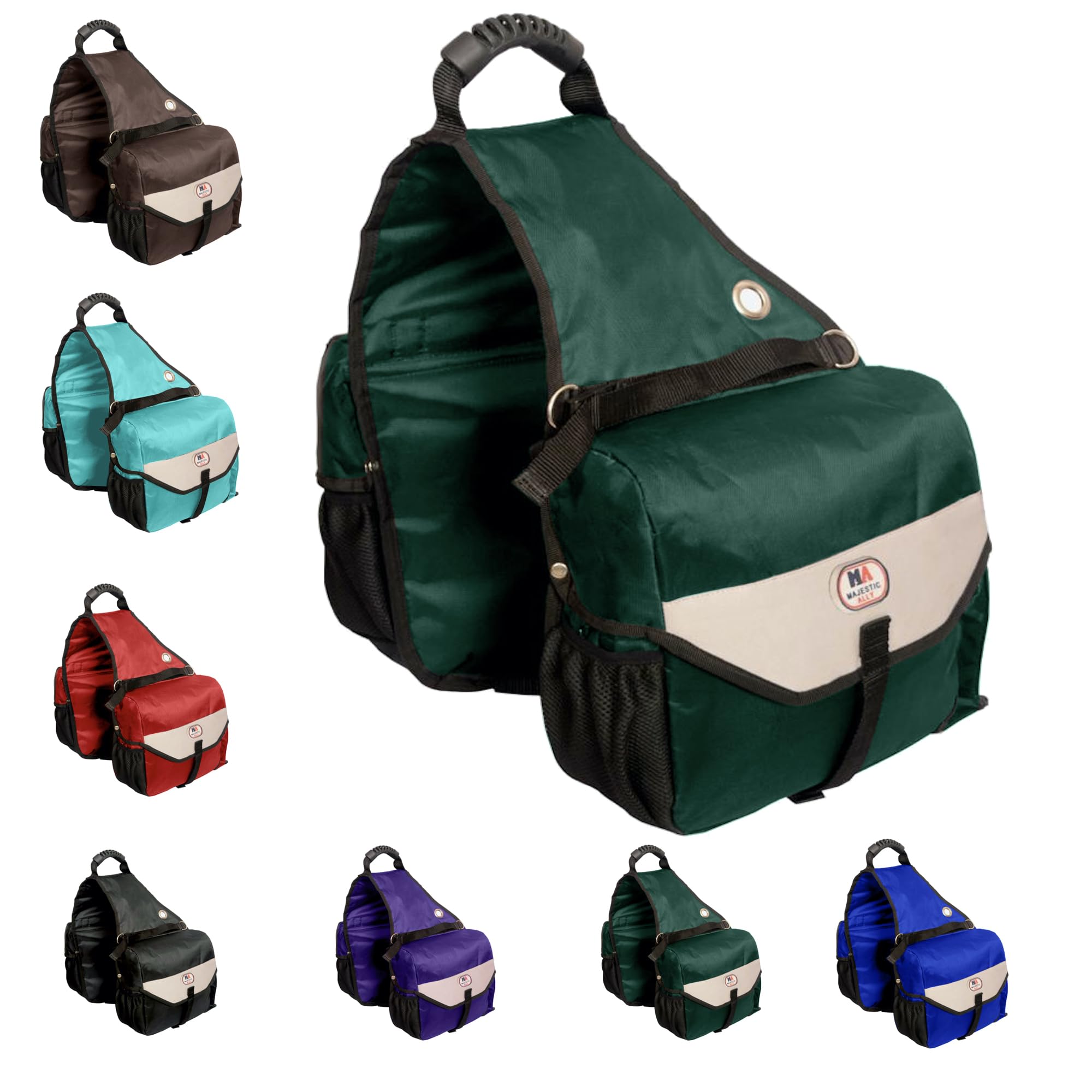 Majestic Ally Horse Saddle Bag - Nylon Insulated Leakproof Cooler, Reflective Padded with Pockets and Water Bottle Carrier, Durable Equestrian Saddle Bag (Hunter Green)