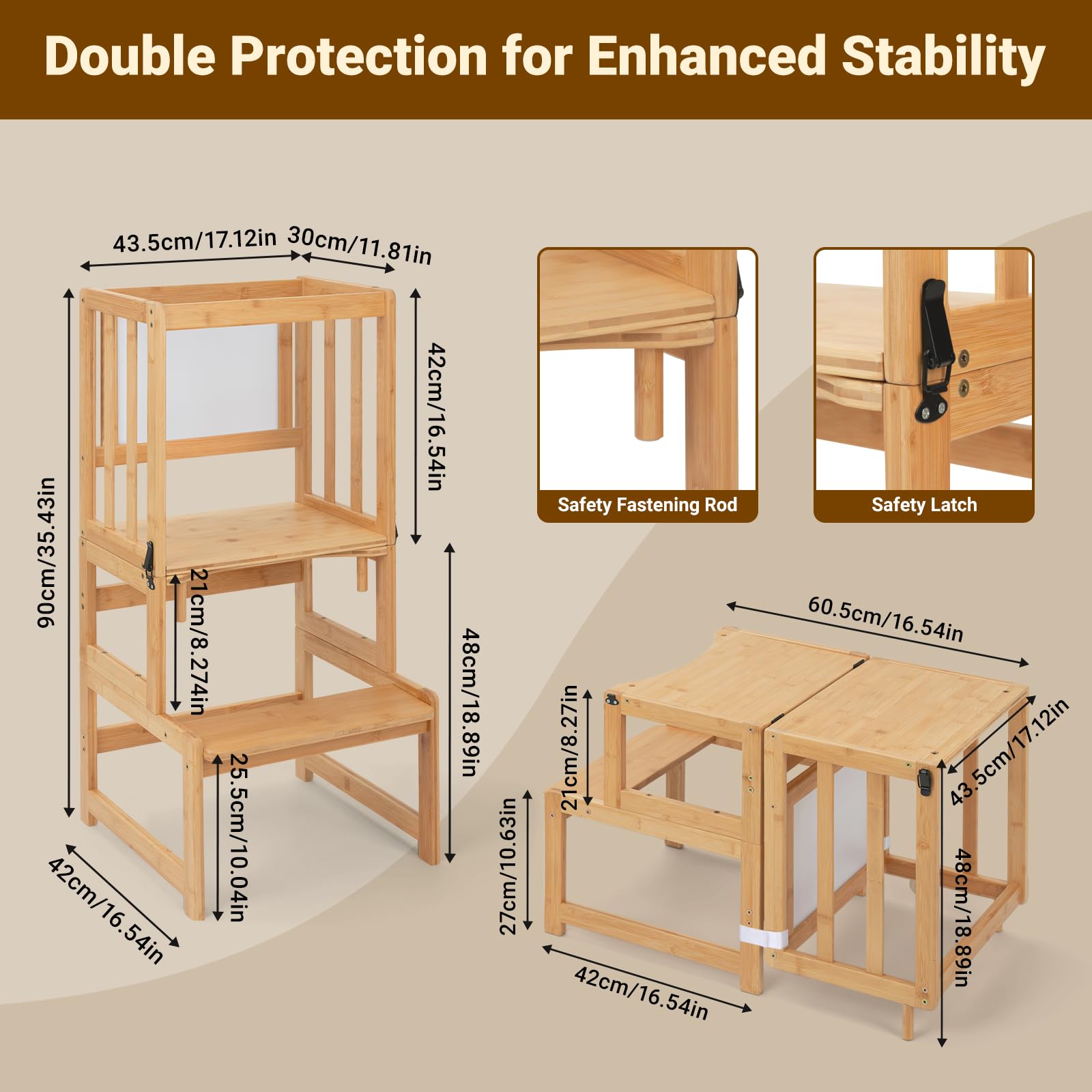 COSYLAND Sgabello da cucina 3 in 1 per bambini, torre convertibile con lavagna bianca, per bambini, bagno, cucina, bancone, aiutante per la mamma, sgabello per l'apprendimento (naturale)
