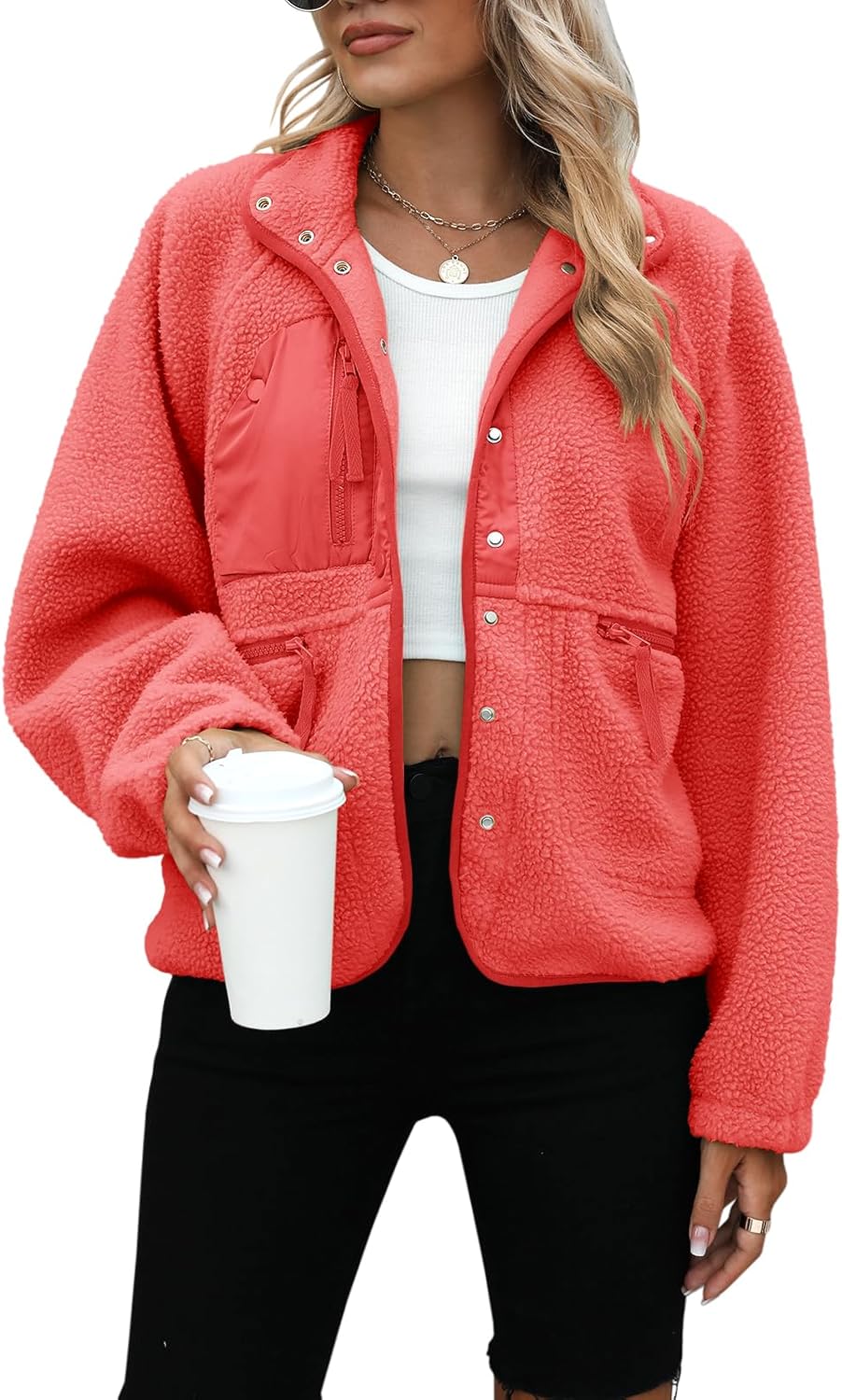 Yanekop Womens Fleece Jacket Fuzzy Long Sleeve Short Winter Coats Button Down Sherpa Jacket Outerwear with Pockets