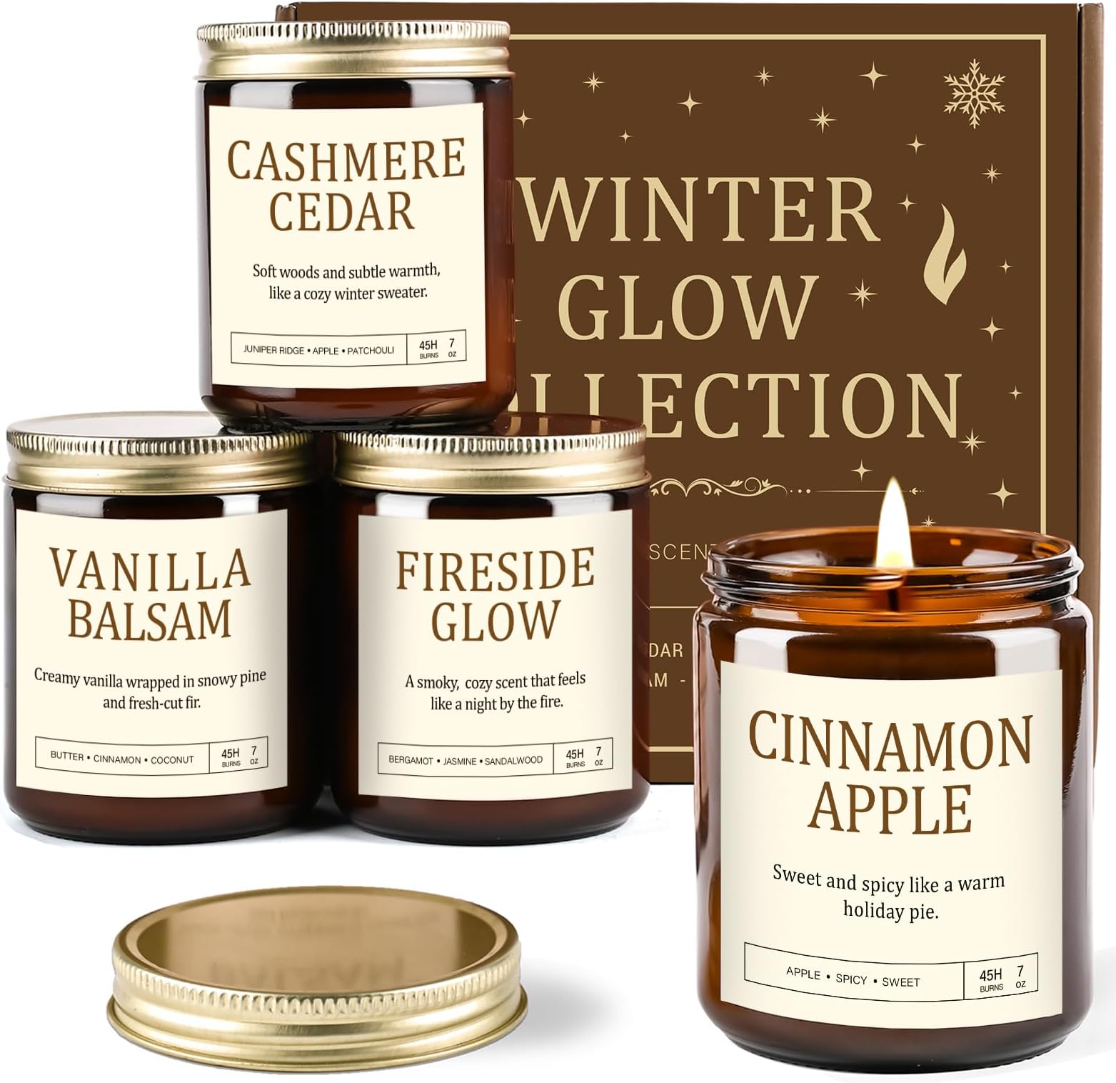 Scented Candles Gift Set for Women - 4 Pack Soy Candles for Home Scented, Long Lasting Winter Candle Set with Cashmere Cedar/Fireside Glow/Cinnamon Apple/Vanilla Balsam, Birthday Valentine's Day Gifts