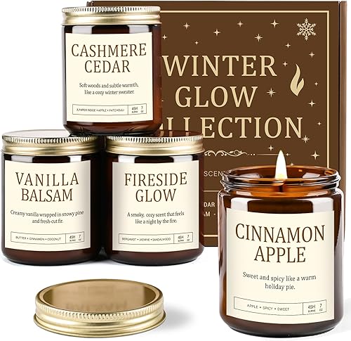 Juego de velas de Navidad para regalo para mujeres - 4 paquetes de velas de soja perfumadas con cedro de cachemira, resplandor de chimenea, manzana