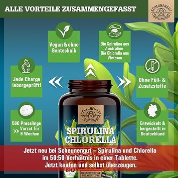 Spirulina Chlorella Tablets Organic 6000 mg per Daily Dose I Important: 100% Certified Organic Ware I 500 Chlorella Spirulina Pellets from Organic Cultivation I Vegan DE SCHEUNENGUT