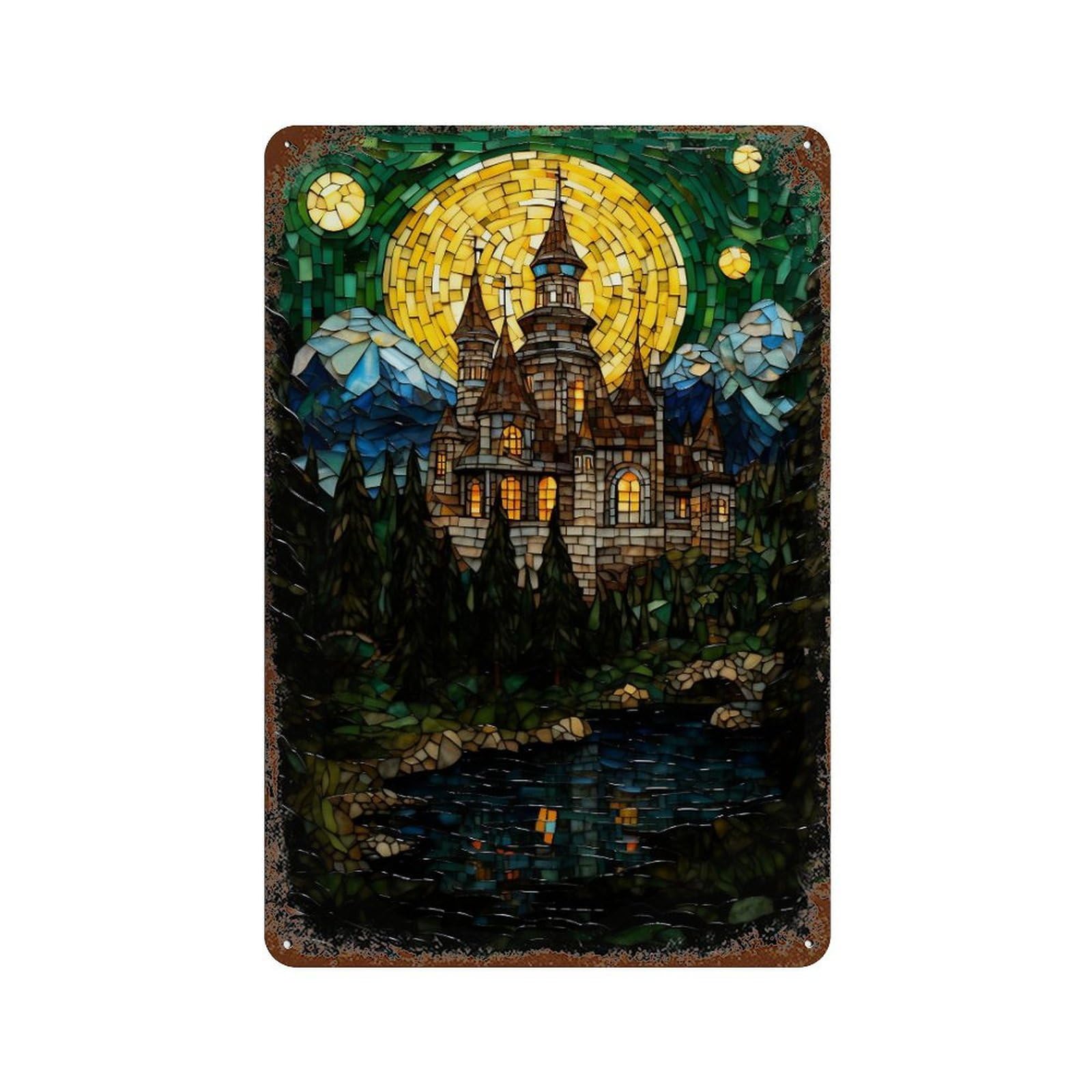Stained Glass Castle Scene Rust Effect Tin Sign 11.8"x7.9", Vintage Wall Decor for Garage, Pub Or Kitchen