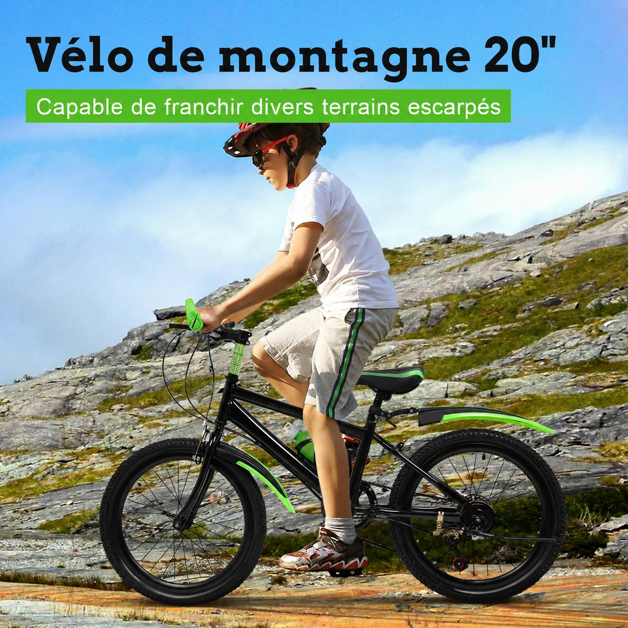VTT pour enfants garçons et filles, vélo de 20 pouces pour adolescents de 8 à 13 ans, 7 vitesses avec freins à disque avant et frein de stationnement arrière et cadre en acier au carbone, vert