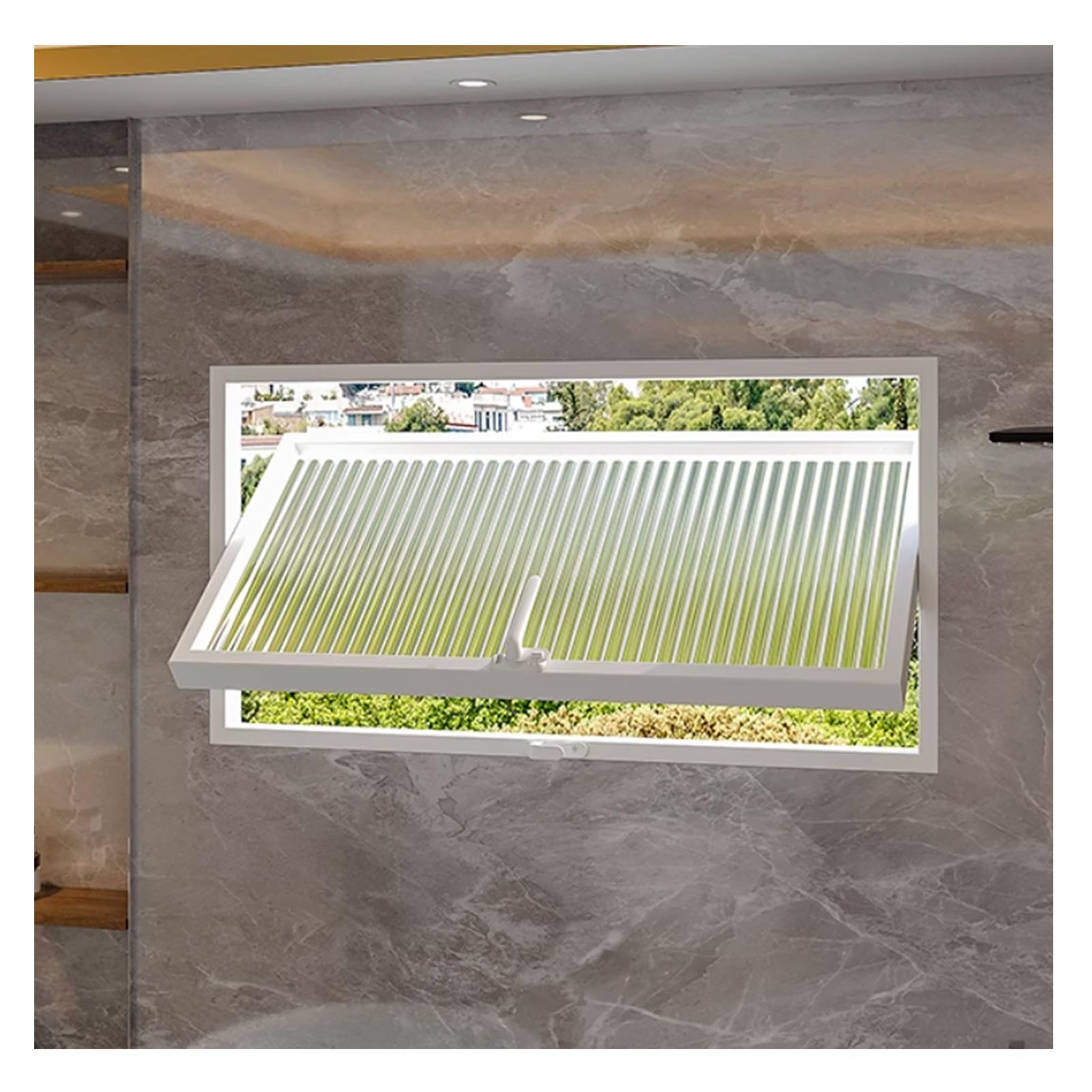 Ventana de sótano de aluminio giratoria de 360°, diseño de fácil manejo para ventilación de baño y cocina, marco de repuesto de 32 x 14 pulgadas en color blanco