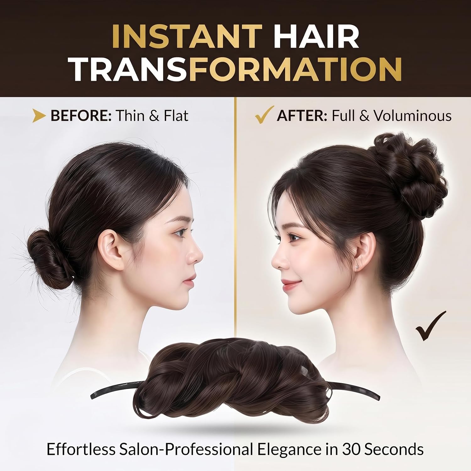 2 Pack Magic Bun Maker for Hair - Professional Synthetic Hair Bun Shaper with Extensions - Instant Donut Bun Maker for Elegant Updos, Chignons, Ballet Buns - Dark Brown Hair Styling Tool