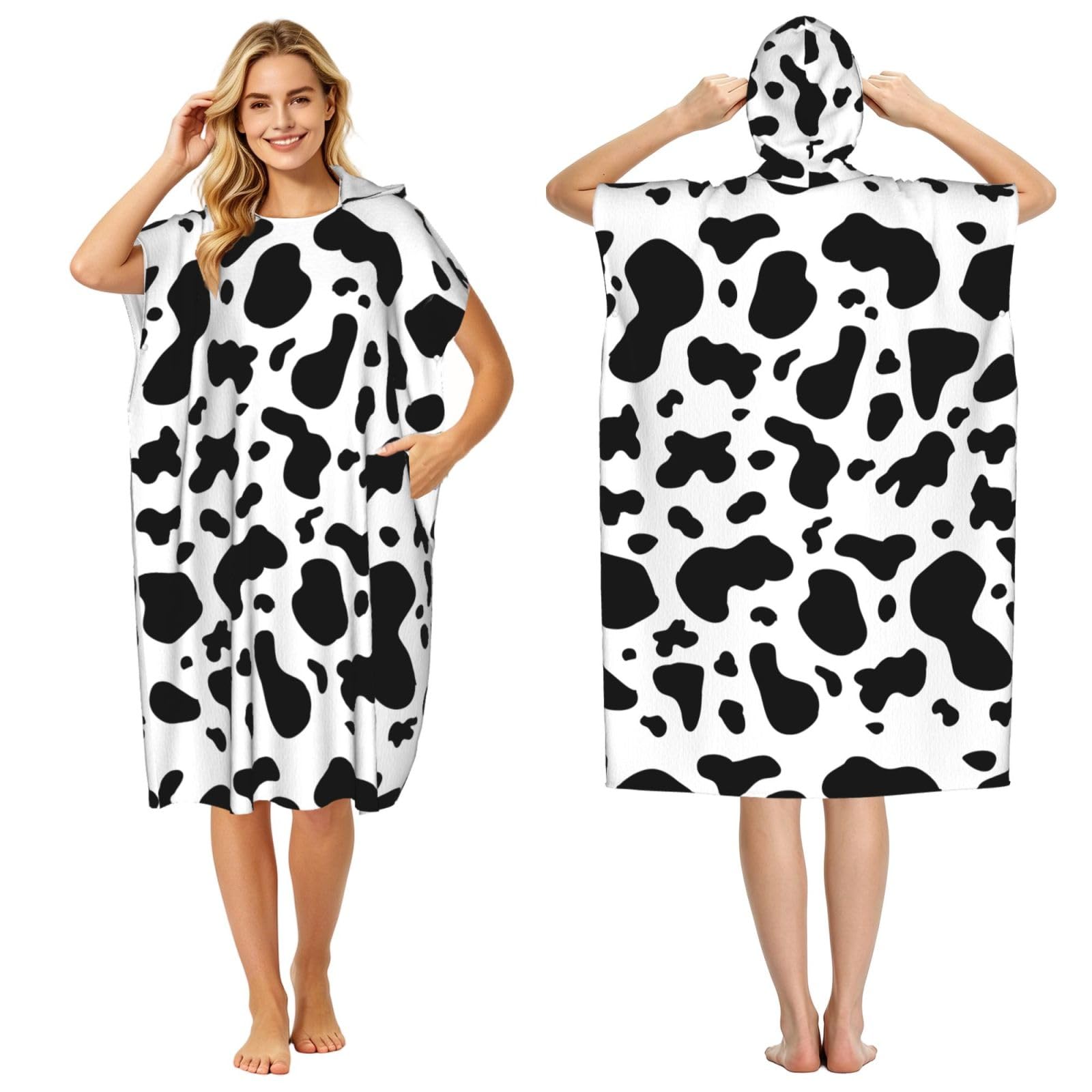 Poadnly Cow Spots, Adult Hooded Beach Towel 90 x 110 cm,Changing Bath Robe, Surf Poncho Towel For Women Men