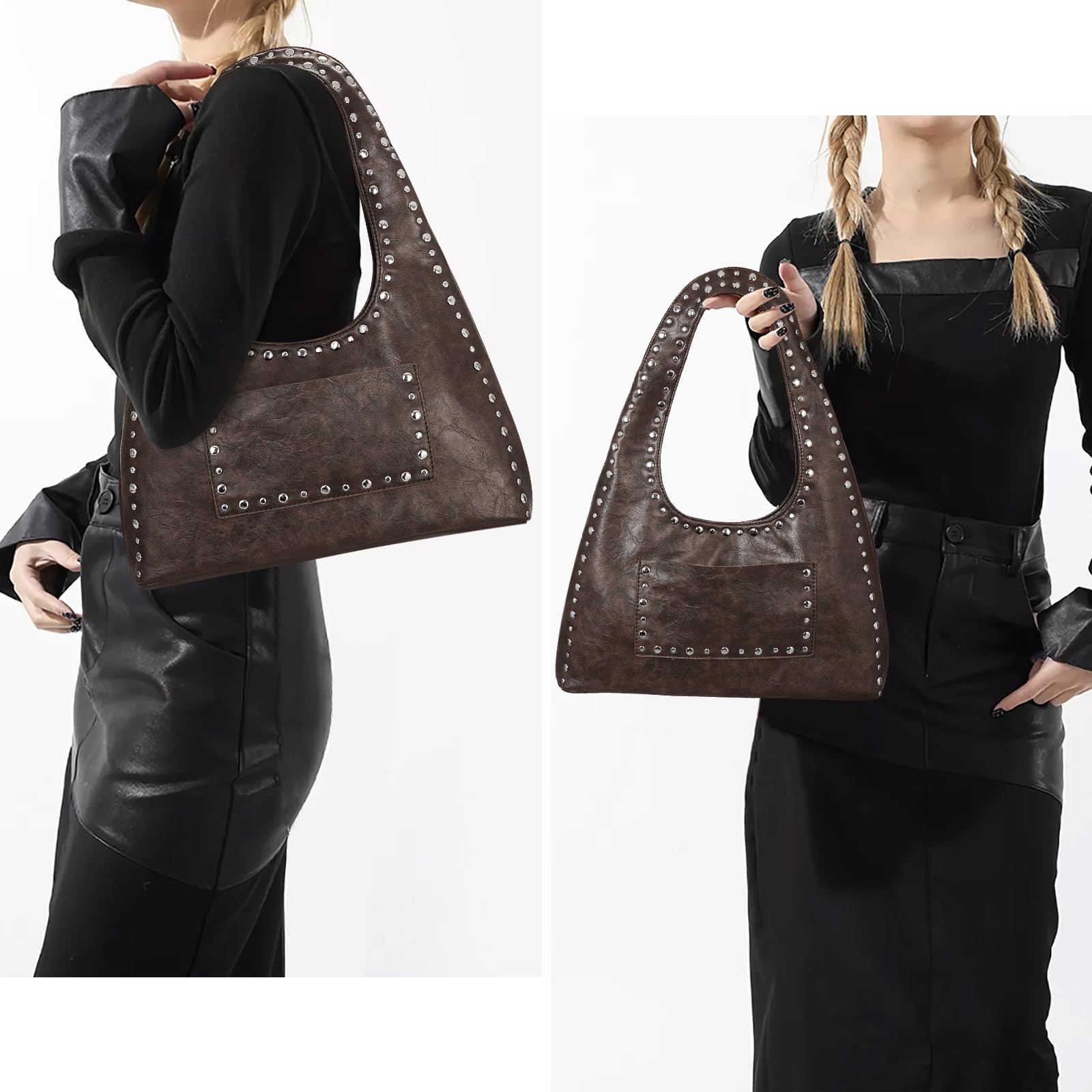 HiTotes Bolso hobo de cuero con tachuelas para mujer, bolso de mano de cuero vegano, bolso de hombro Y2K, bolso hobo de otoño, bolso de hombro creciente con tachuelas