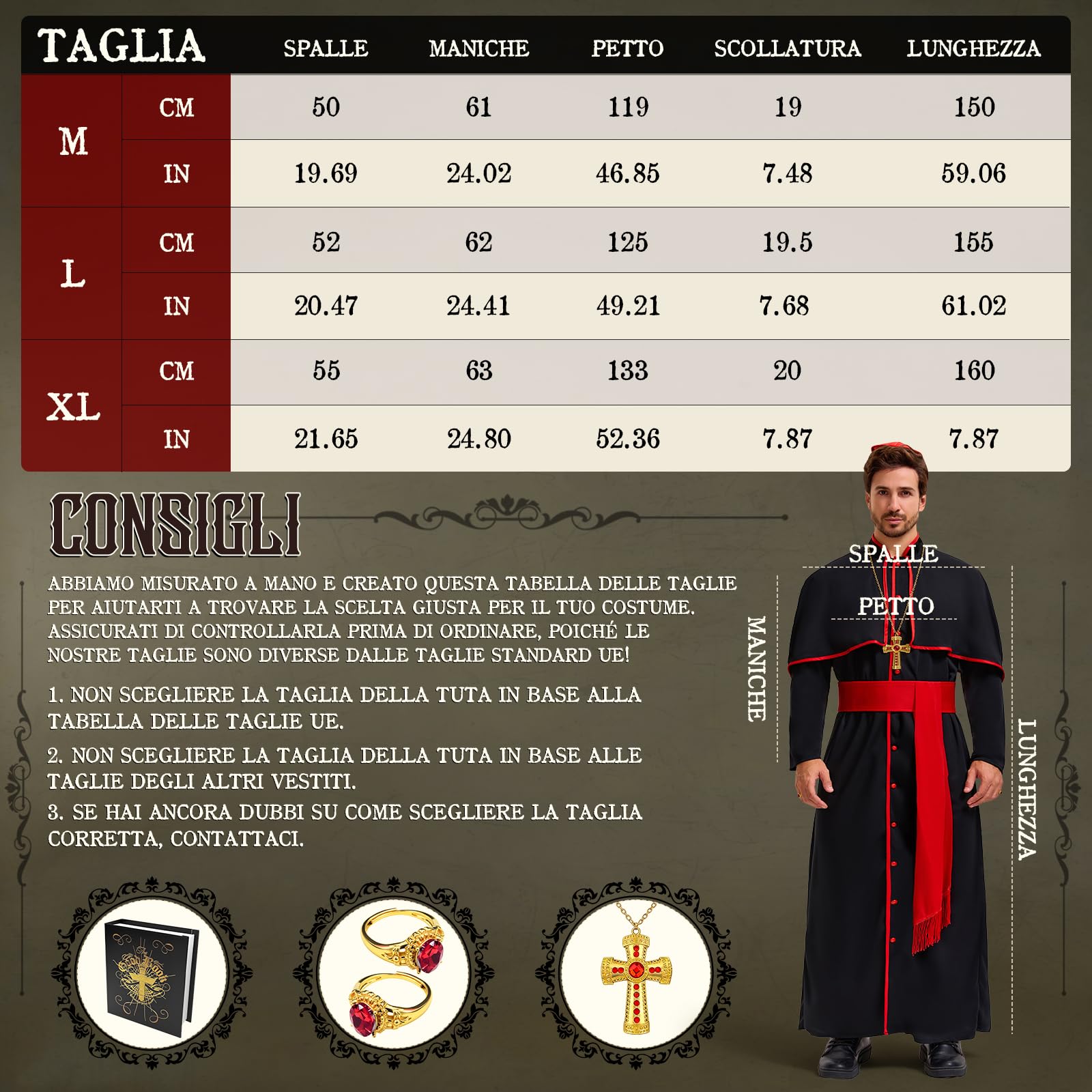 Costume Cardinale per Uomo, Carnevale Costume da Prete per Adulto con Catena, Cintura Vestito da Prete per Carnevale Cosplay