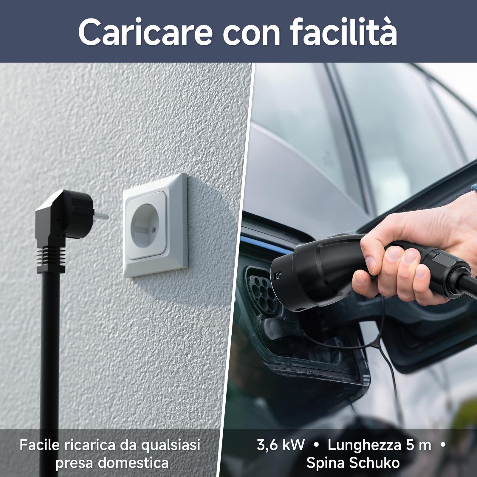 Colonnina Ricarica Auto Elettrica 3.6kW 5m, 6-16A Cavo Ricarica Auto Elettrica Tipo 2, Carichino Auto Elettrica, IP65 Monofase con LED Controllo Digitale Compatibile con EV/PHEV