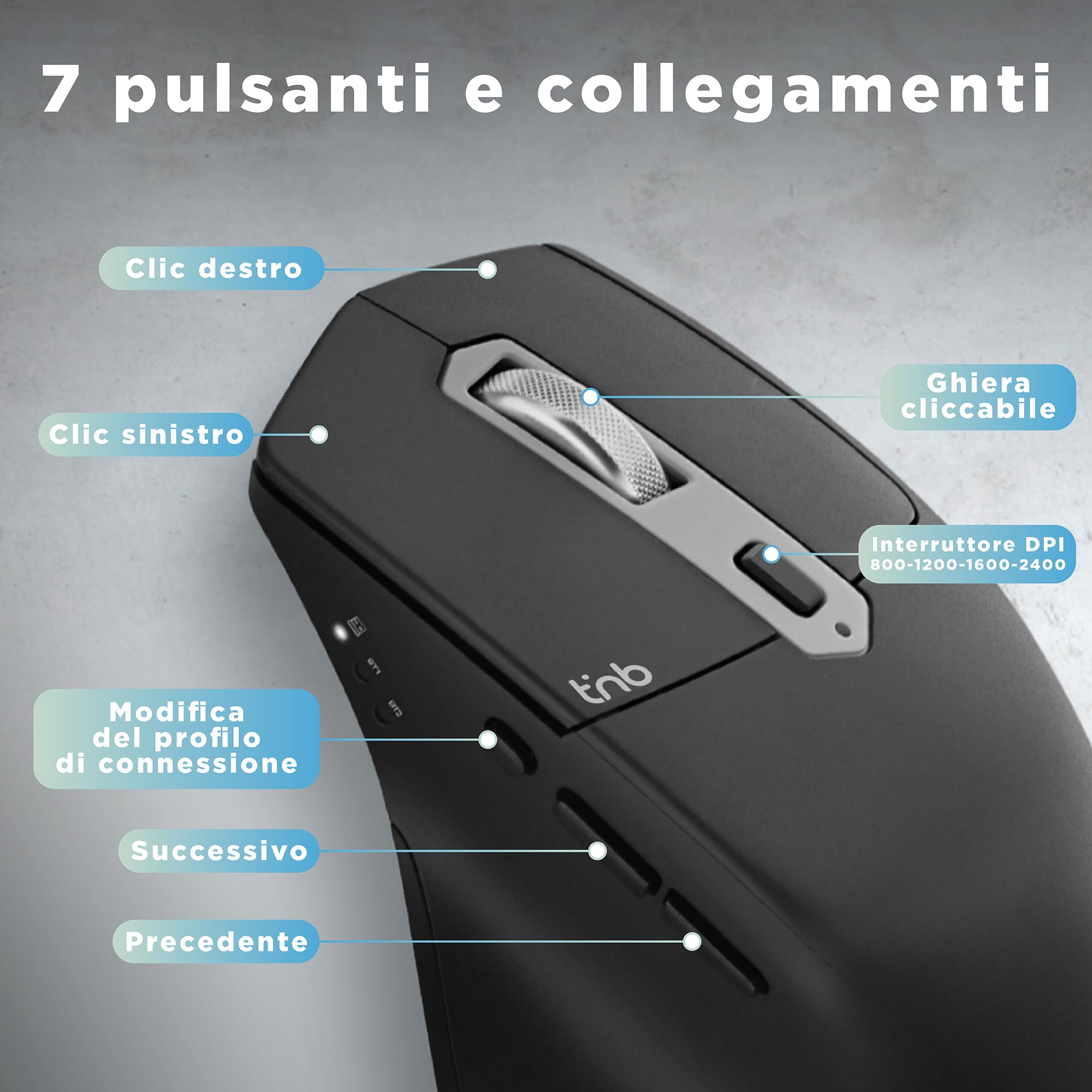 T'nB Mento Mouse 3 Modalità Bluetooth USB A e USB-C Ricaricabile Alta Durata Batteria Alta Precisione 2400 DPI Impugnatura Molto Confortevole Sensazione Naturale 7 Tasti - Nero