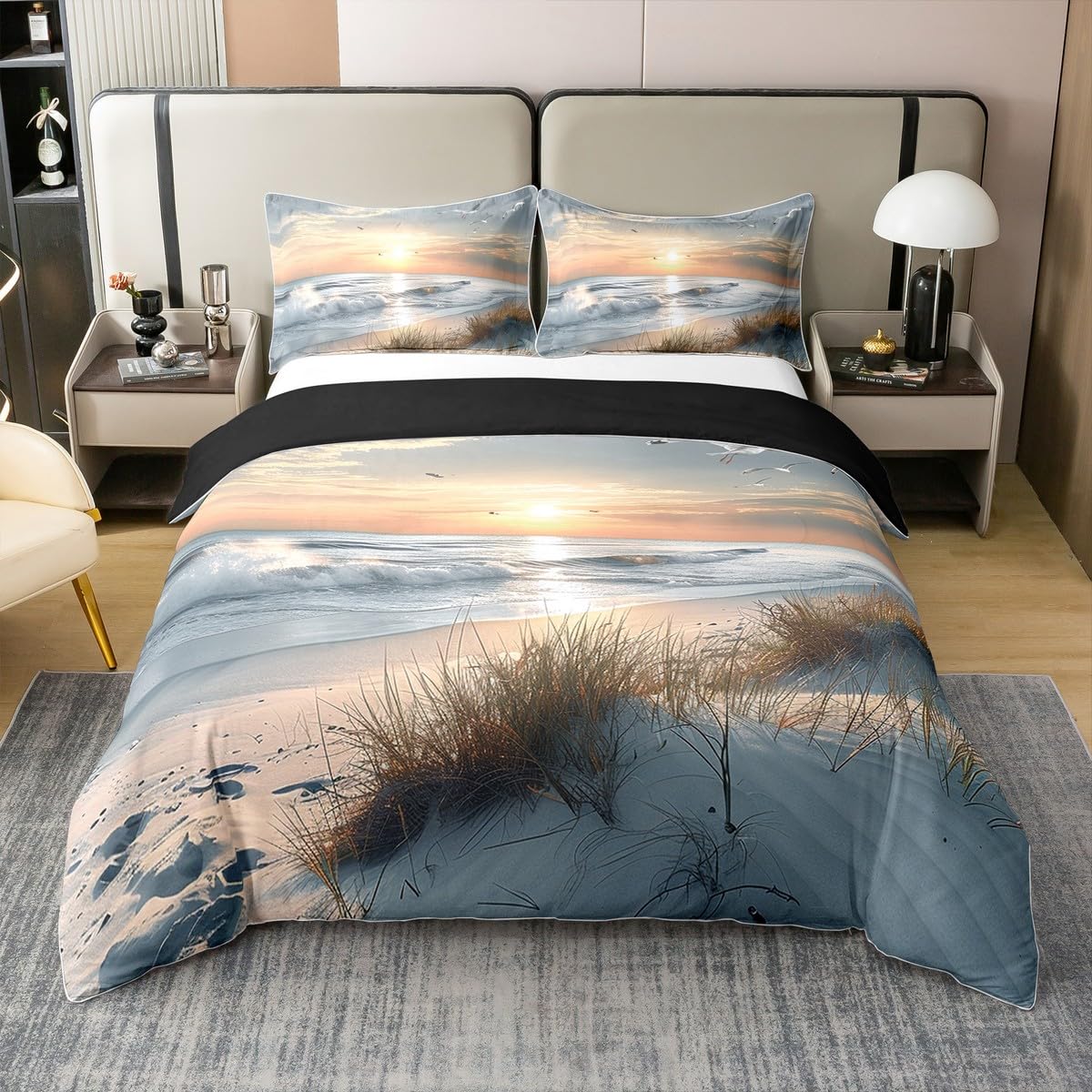 Homewish Ozean Baumwoll Bettwäsche Sonnenuntergang Deckenbezug 135x200 Möwen Wellen Strand Segeln Bettbezug Jugendliche Botanisch Bettset 2 Teilig