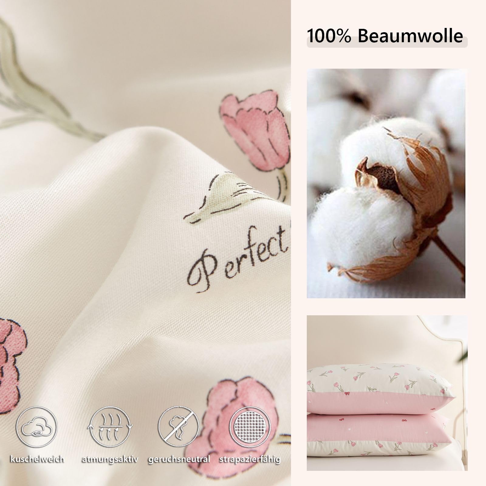 Freyamy Blumen Bettwäsche 135x200cm 2teilig Baumwolle Weiß Rosa Grün Floral Blätter Pflanzen Bettwäsche Blumenmuster Mädchen Bettbezug mit Reißverschluss und Kissenbezug 80x80cm