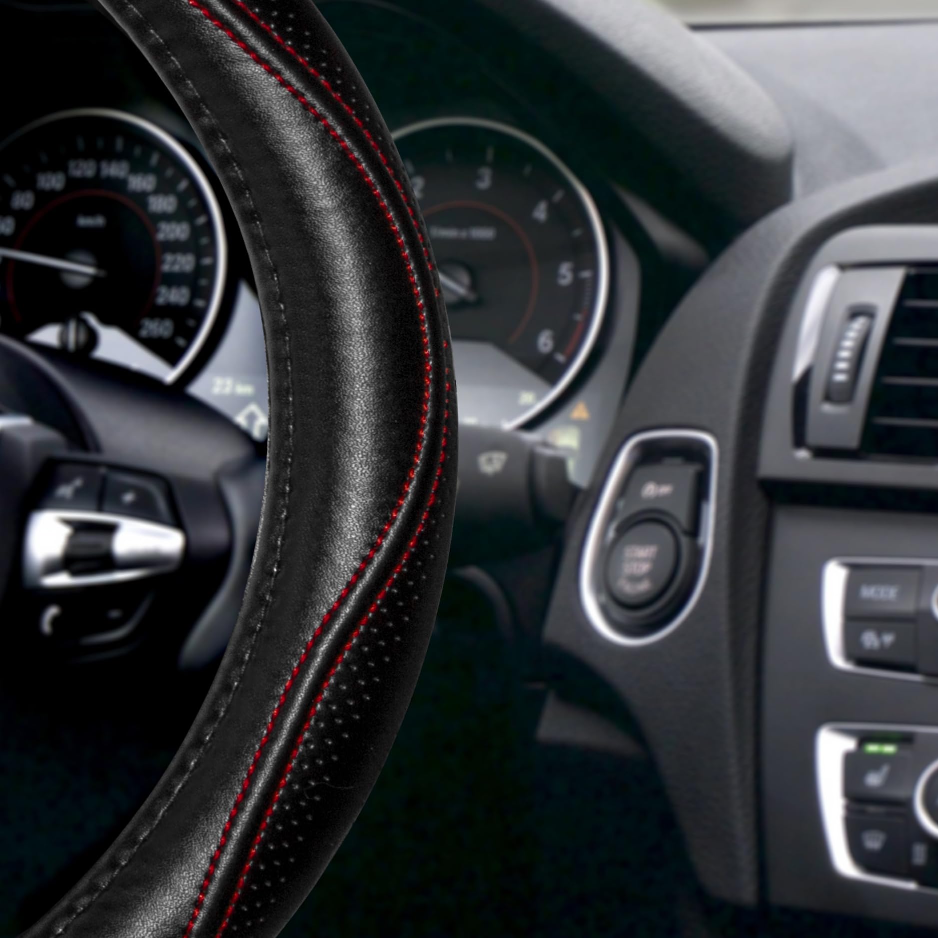 HAOKAY Top Grade Black Genuine Leather Steering Wheel Cover Men Women, Luxury Steering Wheel Cover for Cars, SUVS and Trucks, Universal 14.5-15 inch