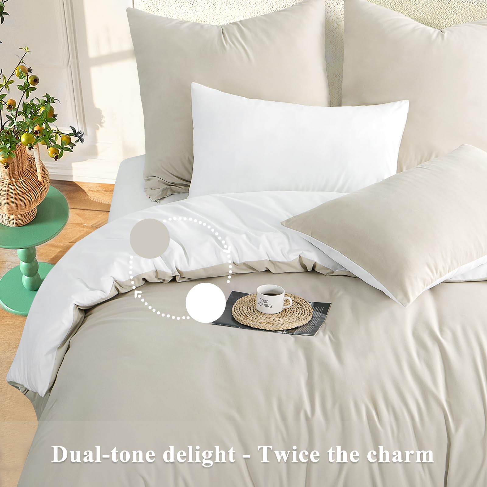 RUIKASI Cream Beige Double Duvet Set White, Reversible Beige Duvet Cover Double Bedding Set including Zip - Image 4
