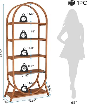 Tribesigns 5-Tier Open Bookshelf, 70.8 Tall Arched Bookcase, Modern Brown Storage Bookshelves, Freestanding Display Rack Shelving Unit for Office, Bedroom, Living Room, Easy Assembly