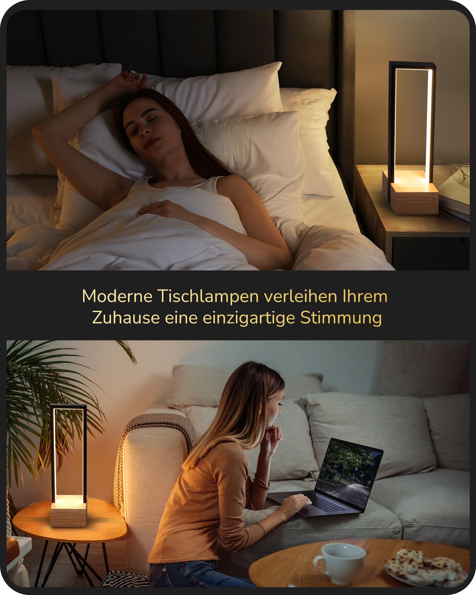 EDISHINE LED Tischlampe, Holzsockel, Touch-Dimmer, 3 Farbtemperaturen | 10 W Nachttischlampe mit Metallrahmen, Touch-Dimmer, 350 Lumen für Schlafzimmer, Wohnzimmer, 35 cm