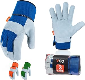 Vgo 3Pairs Safety Leather Work Gloves Men,Gardening Gloves,Rigger Gloves,Builder Gloves(Blue+Green+Orange,CB3501)