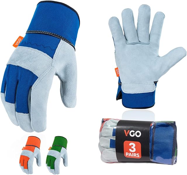 Vgo 3Pairs Gants de travail en cuir de sécurité pour hommes,Gants de jardinage,Gantiers de plus grande taille,Gangs de builder(Blue+Green+Orange,CB3501)