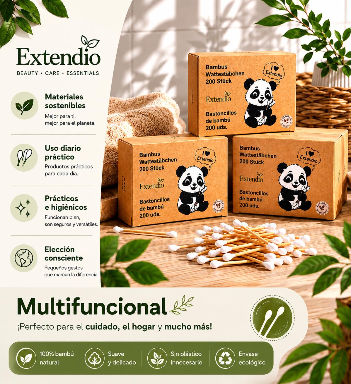 Bastoncillos oidos de bambú y algodón 6 x 200 uds (1200) | Biodegradables, sin plástico, ideales para maquillaje, bebés y limpieza diaria | Caja con apertura práctica e higiénica | Extendio