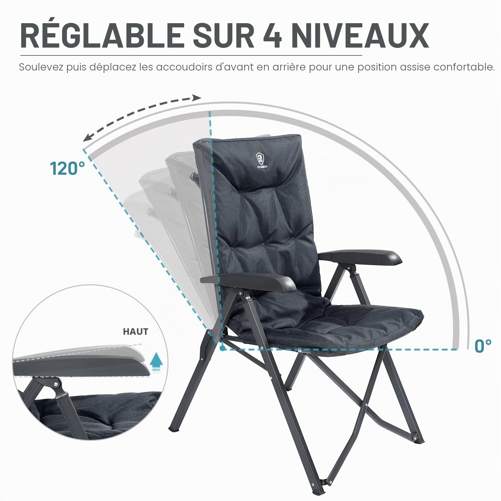 EVER ADVANCED Chaise Camping Pliable, Dossier réglable 4 pos., 150kg | Chaise pliante luxe 6cm épaisse, dossier haut, chaise de pêche, alu+acier, nior, 2pcs