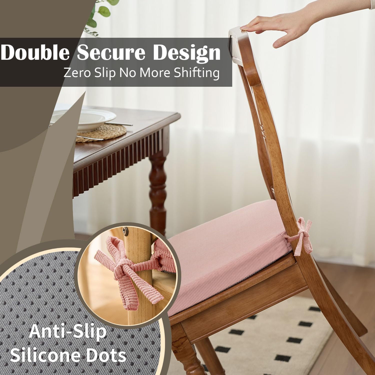 Nobildonna 2'' Thick High-Density Foam Indoor Chair Cushions | Dining Chair Pads with Ties, Removable Washable Cover, Dining Chair Cushions 17"x16", Pink 2 Pack