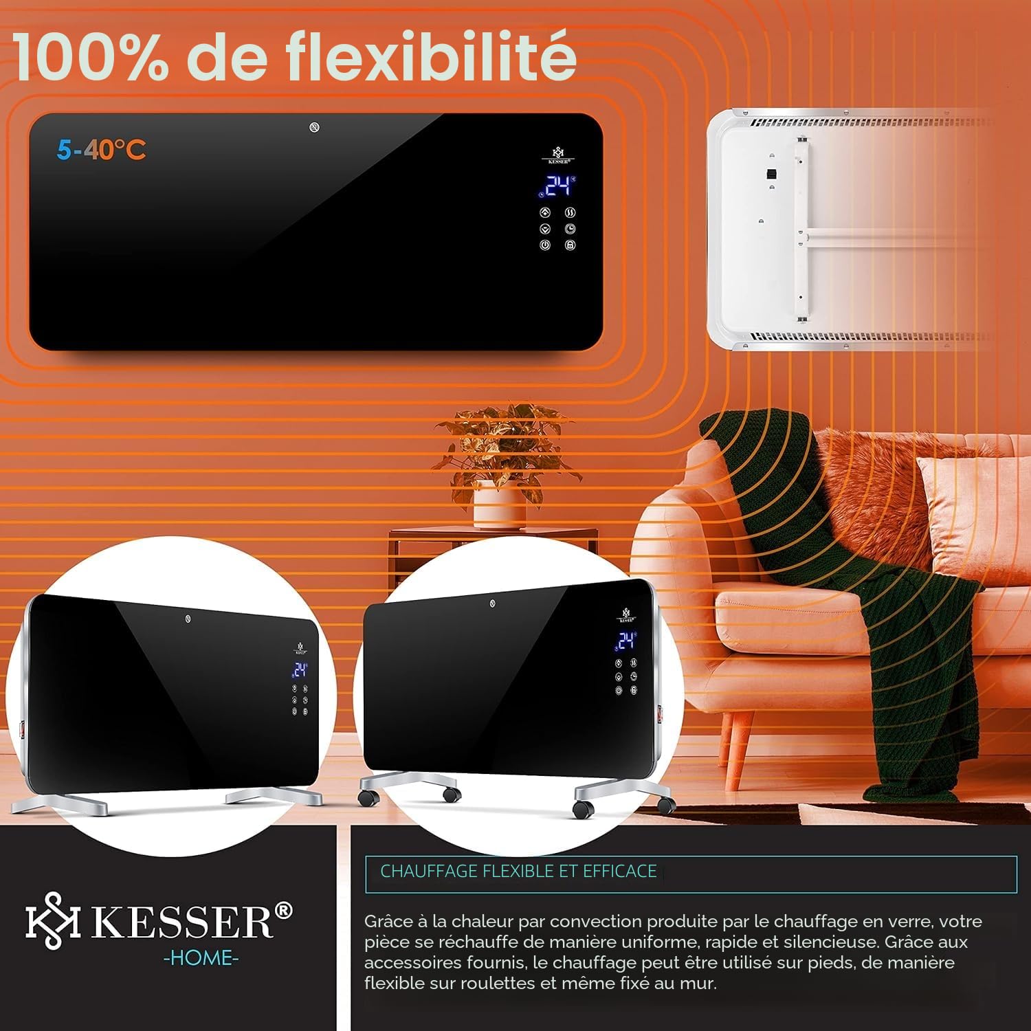 Kesser® Chauffage électrique en verre, convecteur, radiateur électrique, noir