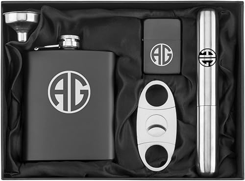Monograma personalizado grabado 7 oz embudo de frasco cortador de cigarros encendedor acero inoxidable caja de regalo conjunto personalizado