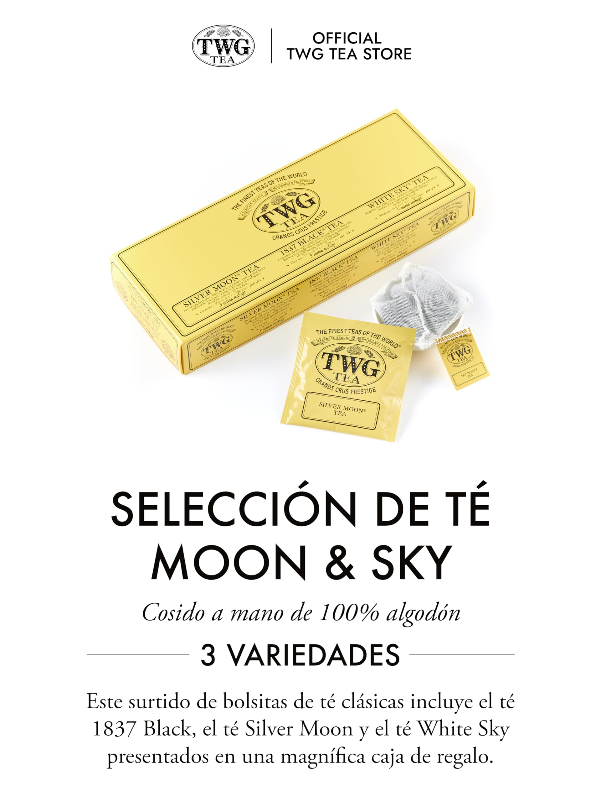 TWG Tea Moon & Sky Selection 3 Variedades Mezclas de Té Exclusivas 15 Bolsitas de Té de Algodón Caja de Regalo