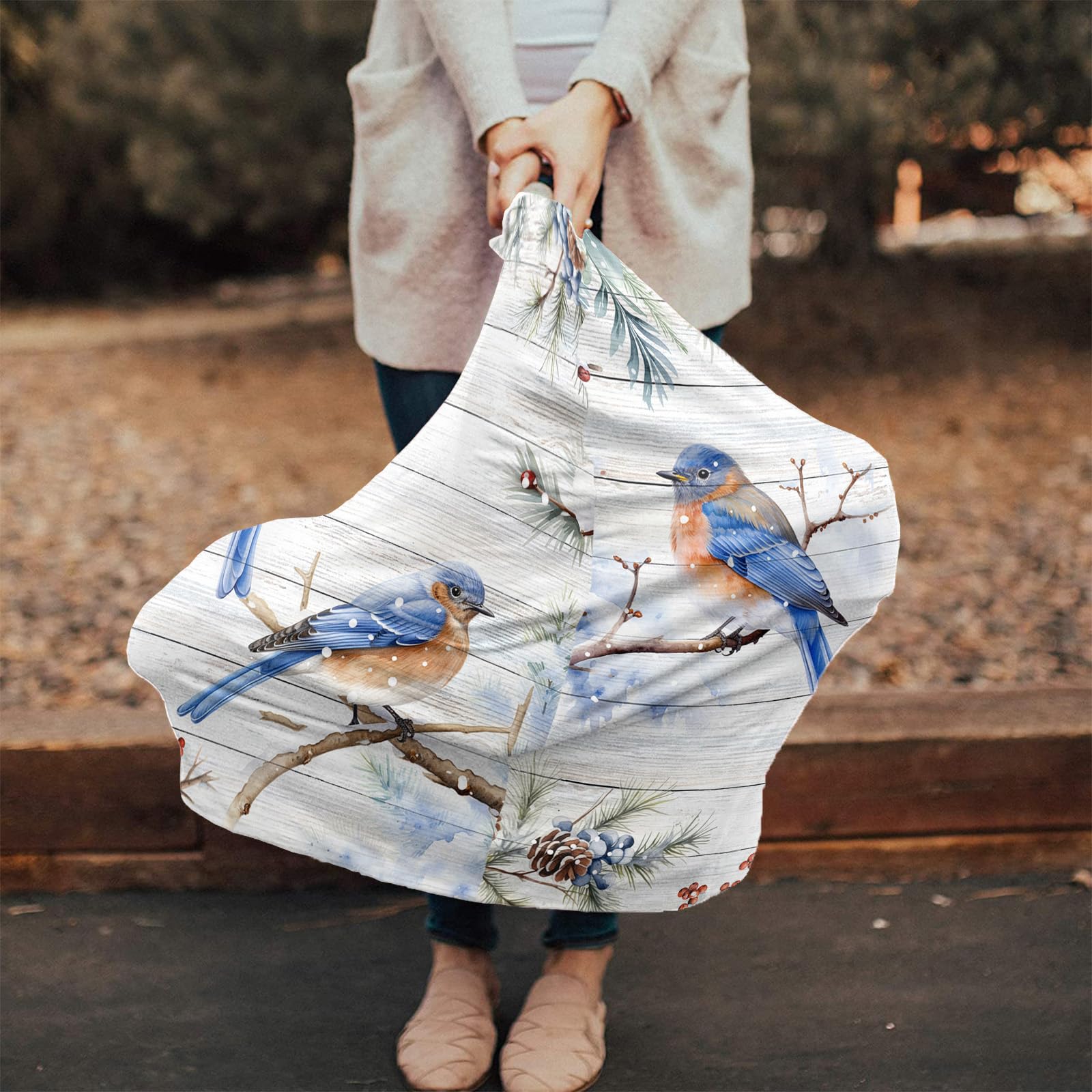 Nursing Cover for Breastfeeding Scarf, Blue Bird Red Berries Pine Branch Wood Grain Christmas Baby Car Covers Super Soft Multi Use for Canopy Shopping Cart Cover Blanket Stroller Cover