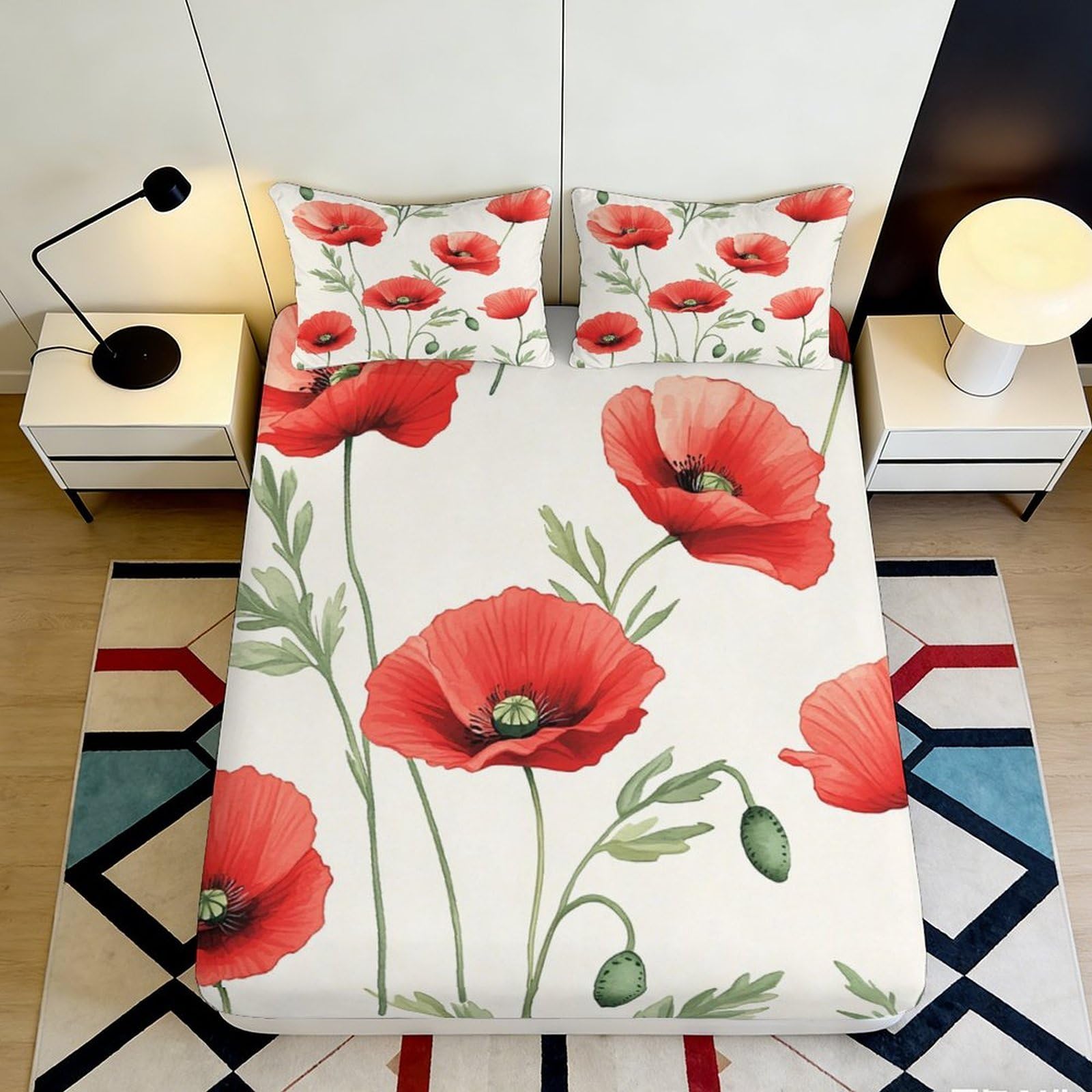 3D Printed Red Poppy Flower Fitted Sheet Microfiber Anti-Slip Meadow Blooms Bed Cover for Bedroom Guest Room Decor 90x200x25cm