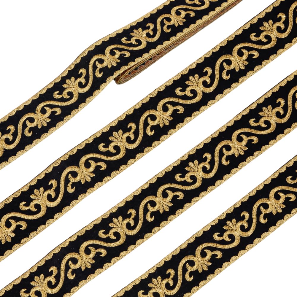 Ruban jacquard bordure florale 4,8m noir et doré thermocollant pour couture et vêtement