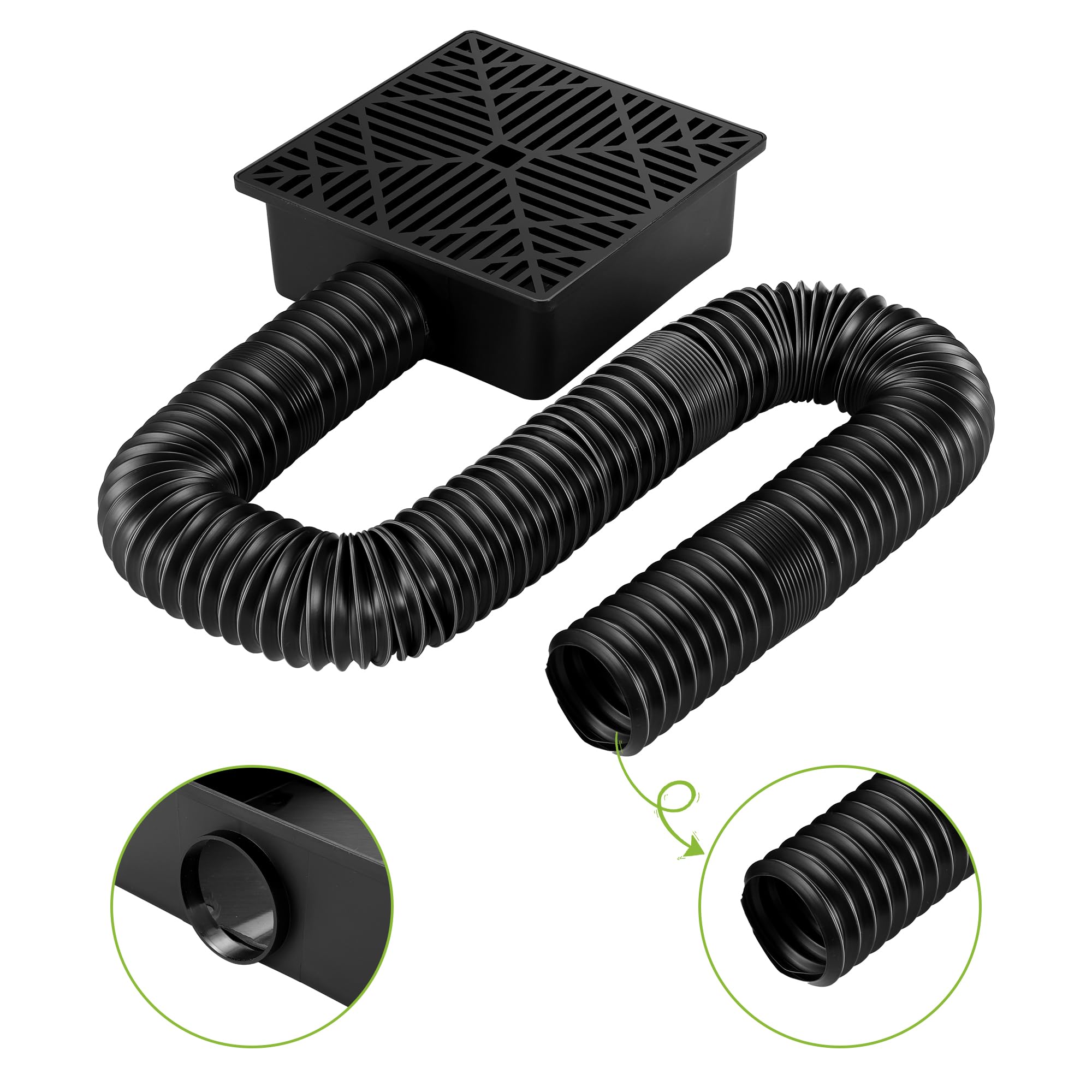 Downspout Diverter, Gutter Extension Flexible with 9"×9" Black Catch Basin and 58” Stretched Hose, Rain Gutter Downspout for Garden, Rainwater Drainage System