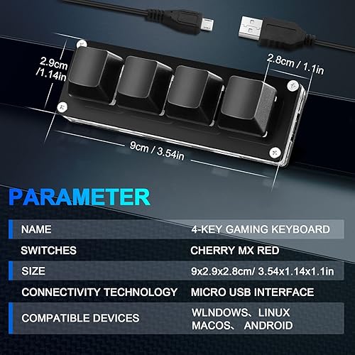 Miniatura 2 de Ecarke Mini teclado mecánico negro de 4 teclas para juegos, autoprogramación, teclados OSU para juegos de intercambio en caliente con cable de datos