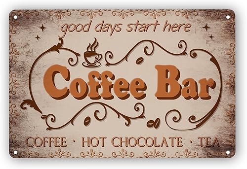 Letrero de barra de café, chocolate caliente y té, placa de metal vintage para cocina, cafetería, pub, decoración de estación de café, hogar, 8 x 12