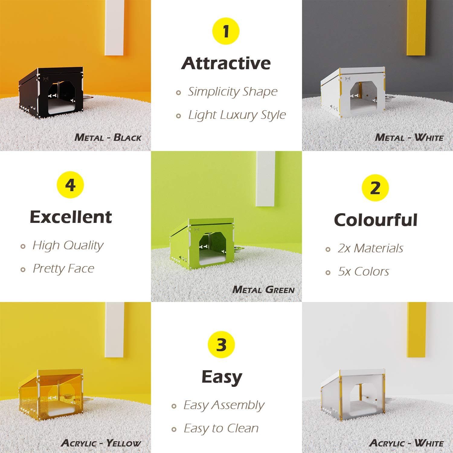 SPRICHIC Indoor Acrylic-Metal Pet Products - Modern Minimalist Cat House | Kitten Condo | Kitty Shelter | Dog Kennel | Puppy Cave with Cushion Bed and Ceramic Food Bowls in White : Pet Supplies
