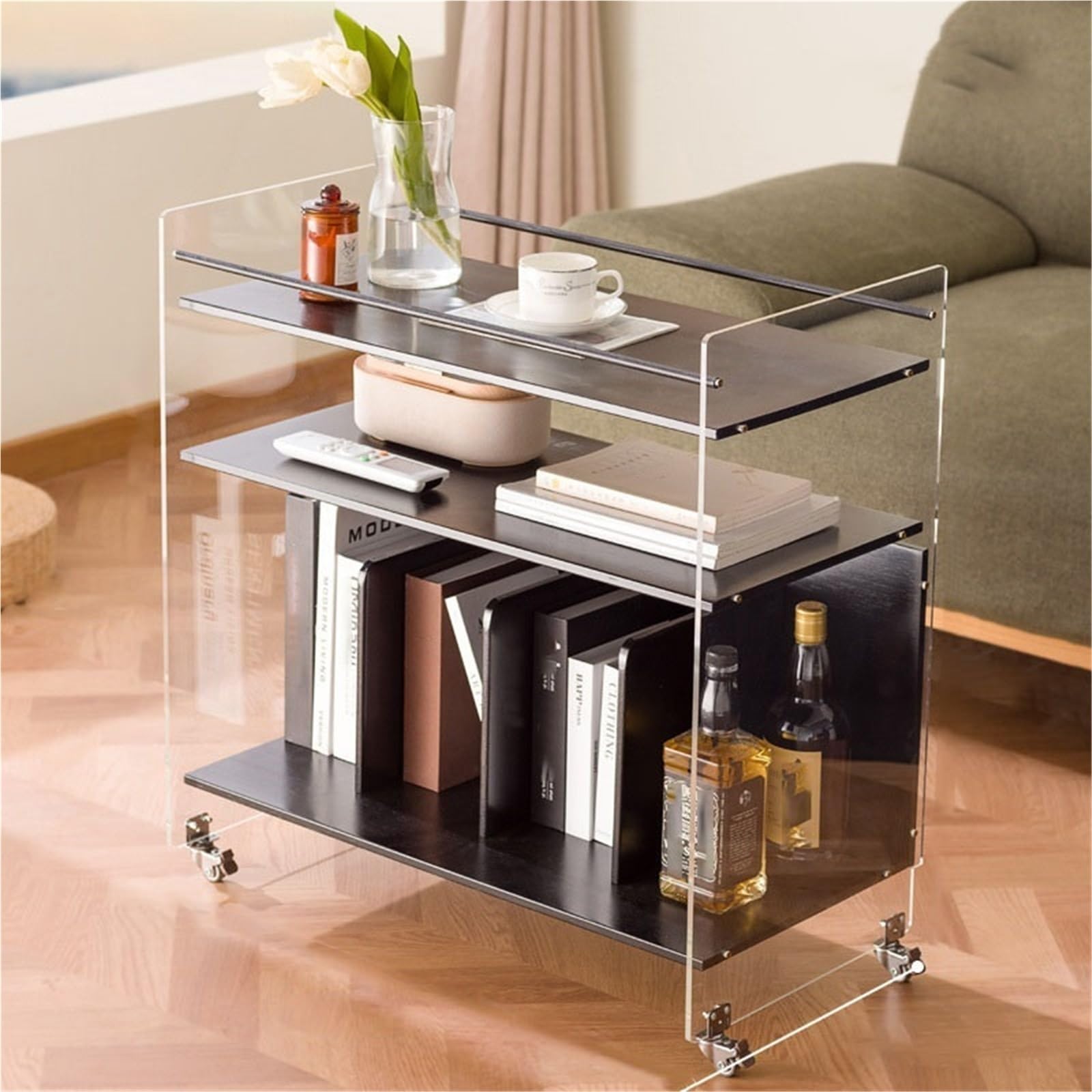SXZenSpace Acrylic Sofa Side Table with Wheels Modern Coffee Storage Shelf Nightstand Snack Rack for Living Room ﻿ Solid Construction(Black,68 cm