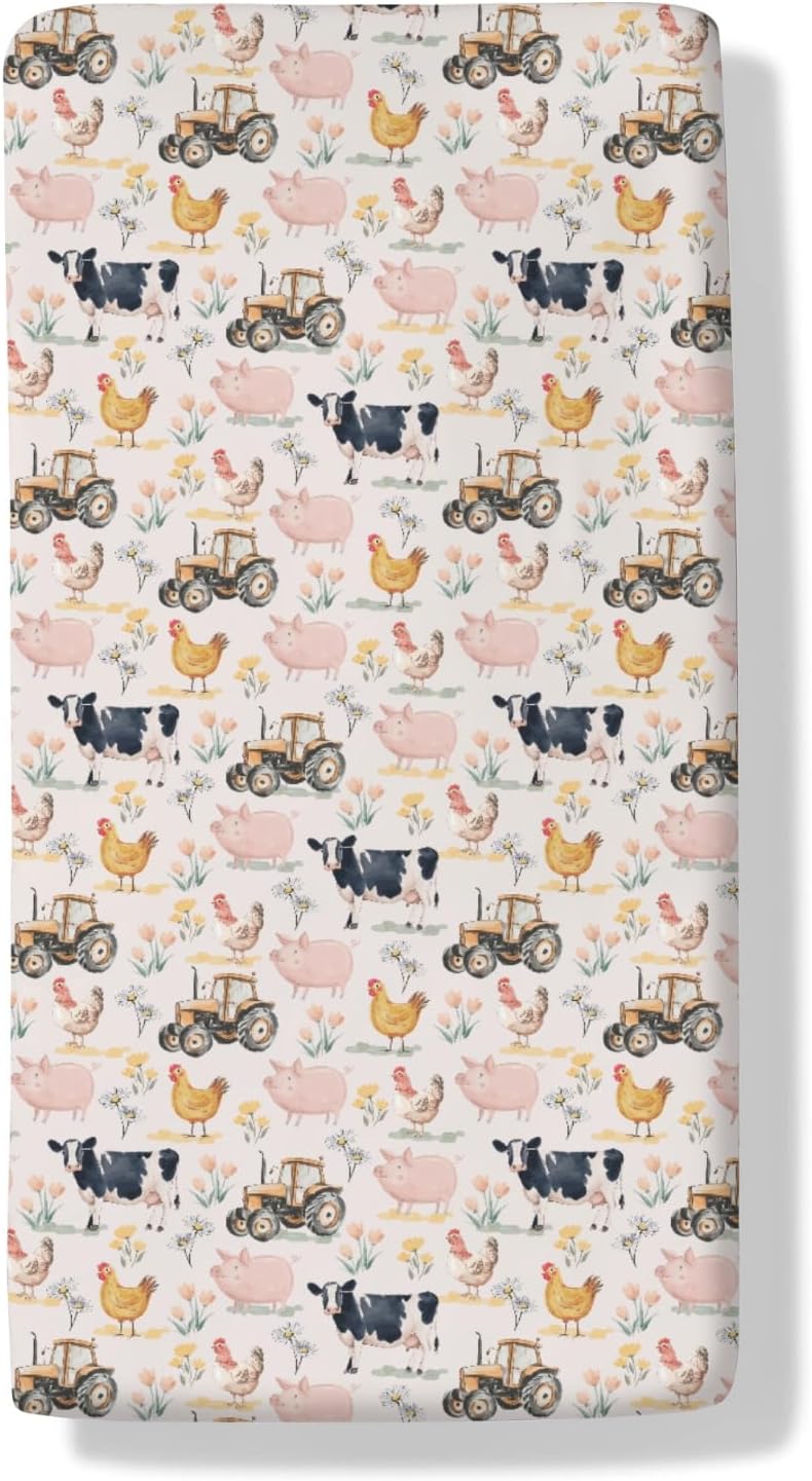 Vintage Farm Animals Boho Floral Baby Boys Girls Crib Sheets Farmhouse Chicken Cow Pig Tractor Baby Sheet Farm Life Fitted Crib Mattress Cover for Standard Crib Toddler Mattress 28"x52"