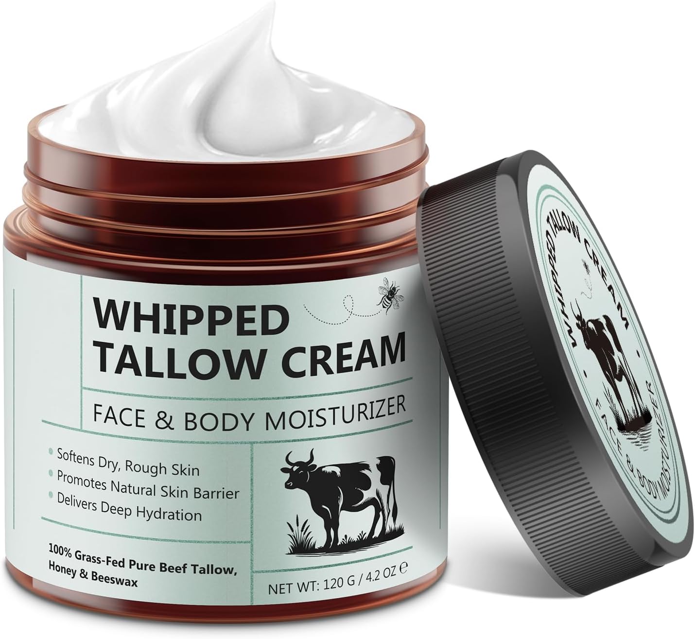 Beef Tallow Skin Care - 100% Grass Fed Pure Beef Tallow with Honey Balm, Natural Moisturizing Cream, Face and Body Deep Hydration Softens Dry Skin Nourishing, Whipped Tallow Cream 120 G