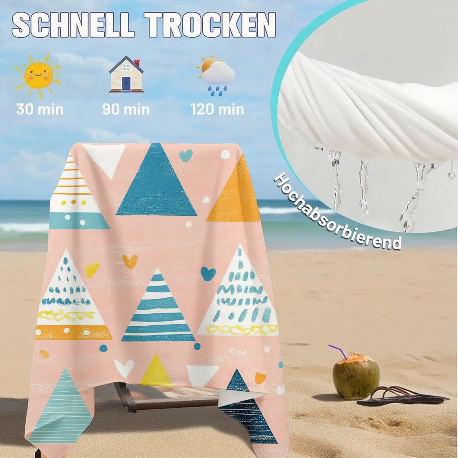 Serviette de Plage Microfibre Serviette Plage 100x220 2 Pack Séchage Rapide, Anti-Sable, Absorbante Fonction drap de plage xxl pour Bain, Sport, Voyages, Sauna, Piscine, Yoga, avec Sac Géométrie Q-780
