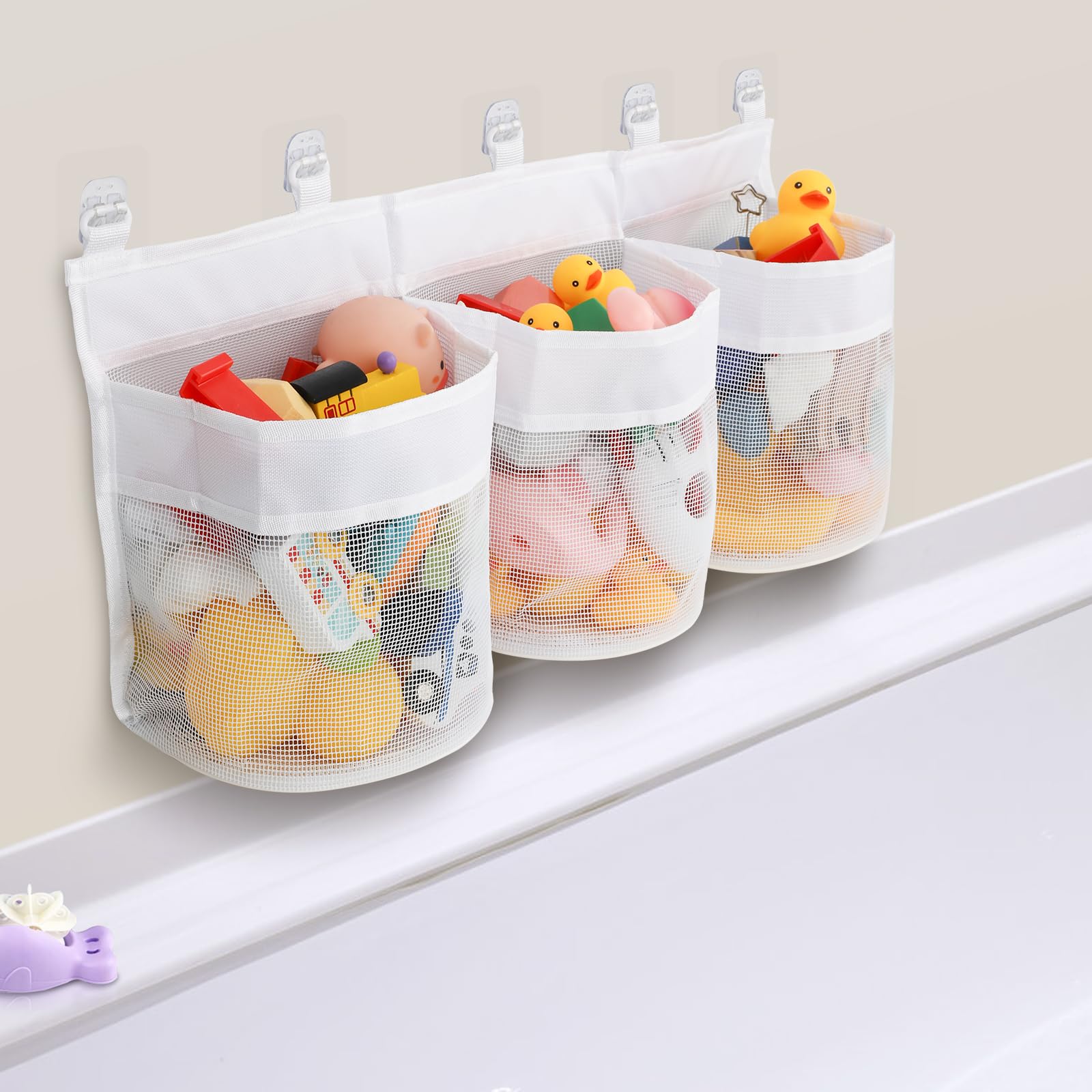 2 Pack Bath Toy Storage Bag, Mesh Organizer Net, White, 23.6 x 7.8 x 4.7 Inches, Open Top, Tear-Resistant, Water-Resistant, Ideal for Bathroom Organizer