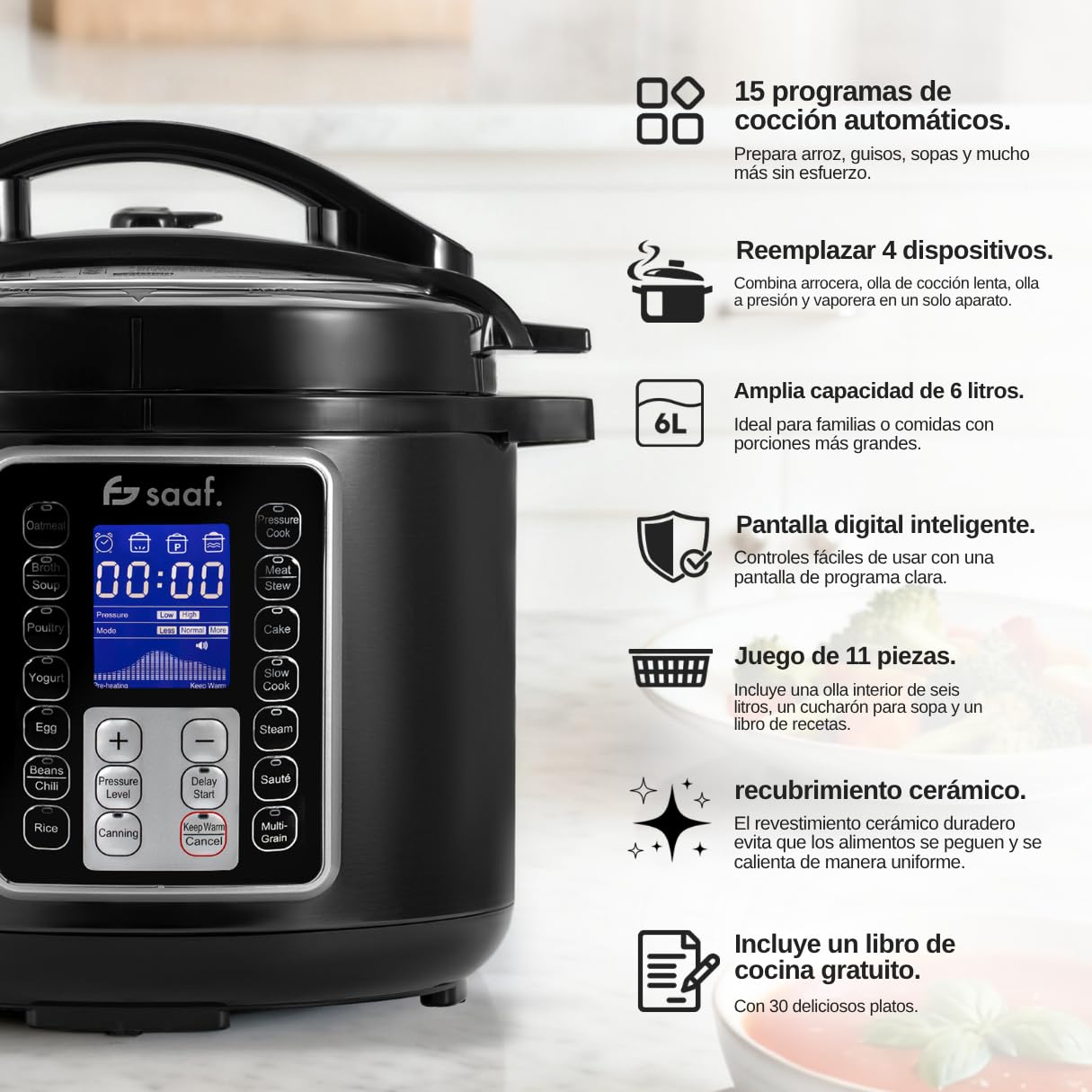 Saaf Multicooker 6L 11 Piezas 12 Programas Slowcooker Arrocera Vaporizador Olla a Presión Pantalla Digital