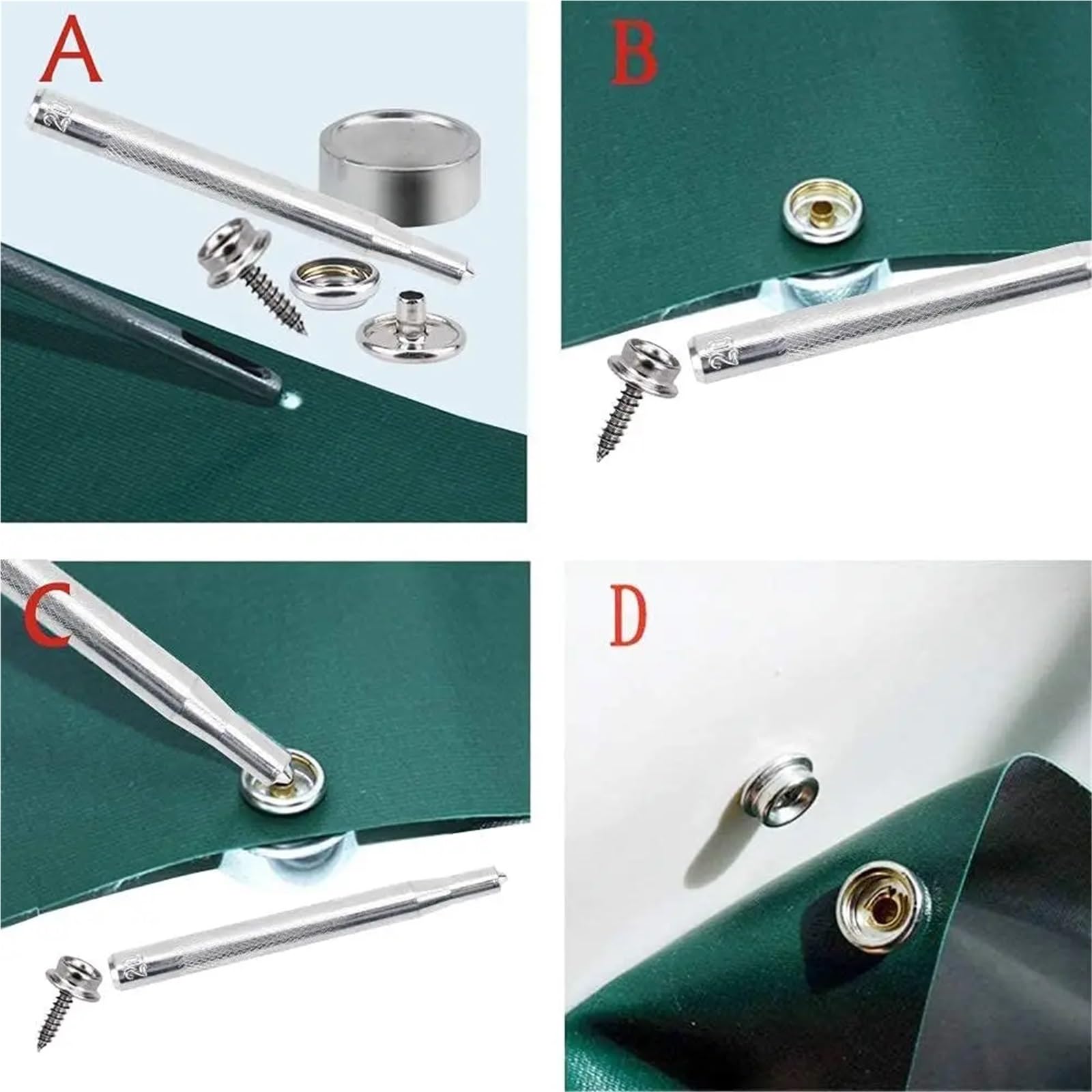 Kit de 150 broches for lona, ​​tornillos metálicos, grado marino, 3/8", acero inoxidable, con herramienta ajuste
