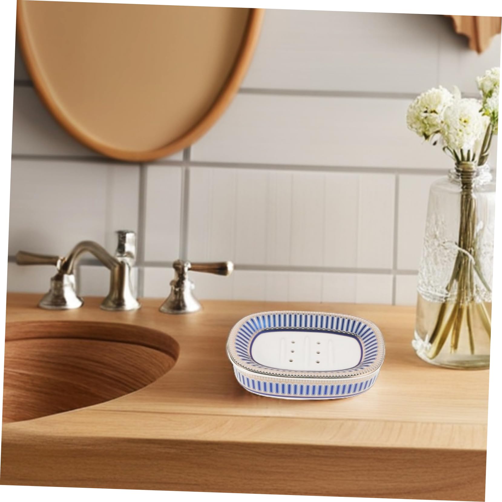 Jabonera de Cerámica con Escurridor y Diseño de Rayas | Desmontable, Limpieza Sencilla, Uso Higiénico, Estilo Simple y Elegante, para Organización del Baño