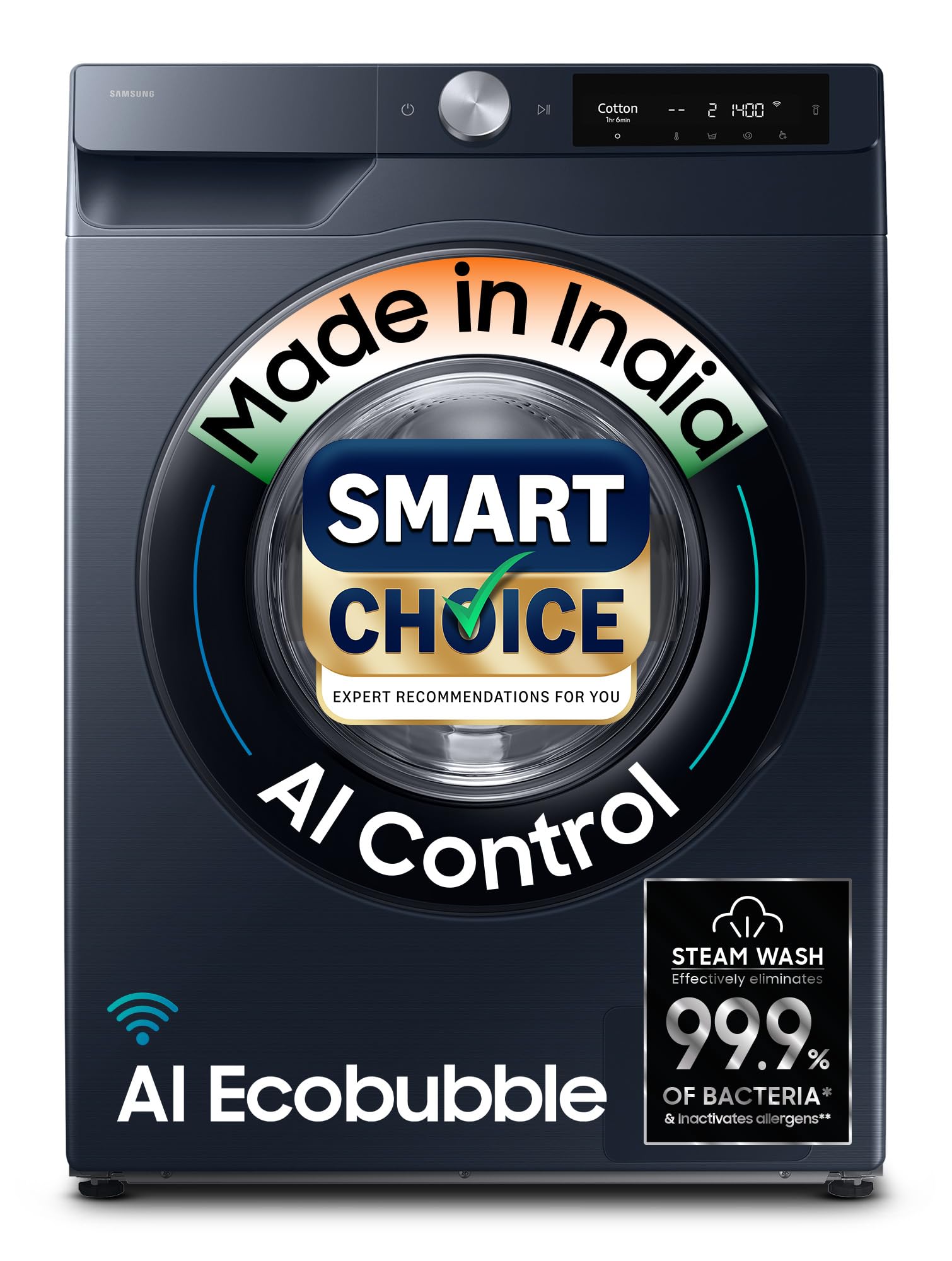 Samsung 9 kg, 5 Star, AI Control, AI Ecobubble, Super Speed, Wi-Fi, Hygiene Steam with Inbuilt Heater, Digital Inverter, Fully-Automatic Front Load Washing Machine (WW90DG6U24ASTL, NAVY)-image-0